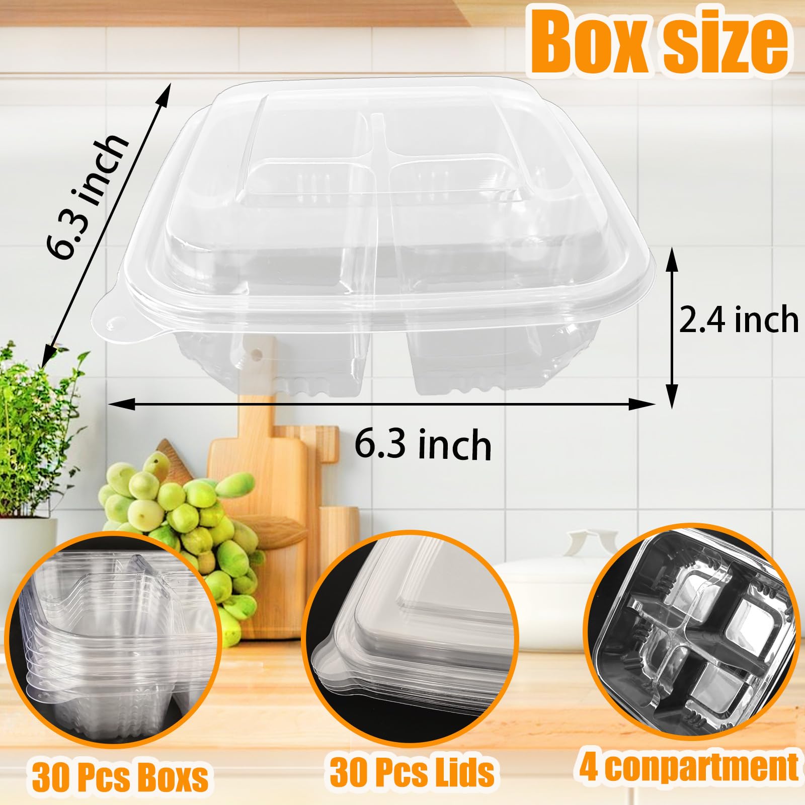 Szsrcywd 30 Pack Clear Bento Snack Containers with Lids,4 Compartment Meal Prep Container for Lunch Food Fruit Storage Box Travel Picnic Office