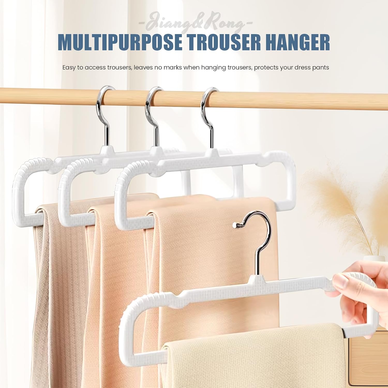 Jiang&Rong 30 Pack Ultra-Thin Plastic Pants Hangers, Non-Slip, Slim Space-Saving Coat Hangers, Clothes Hangers with 360° Rotating Chrome Hooks
