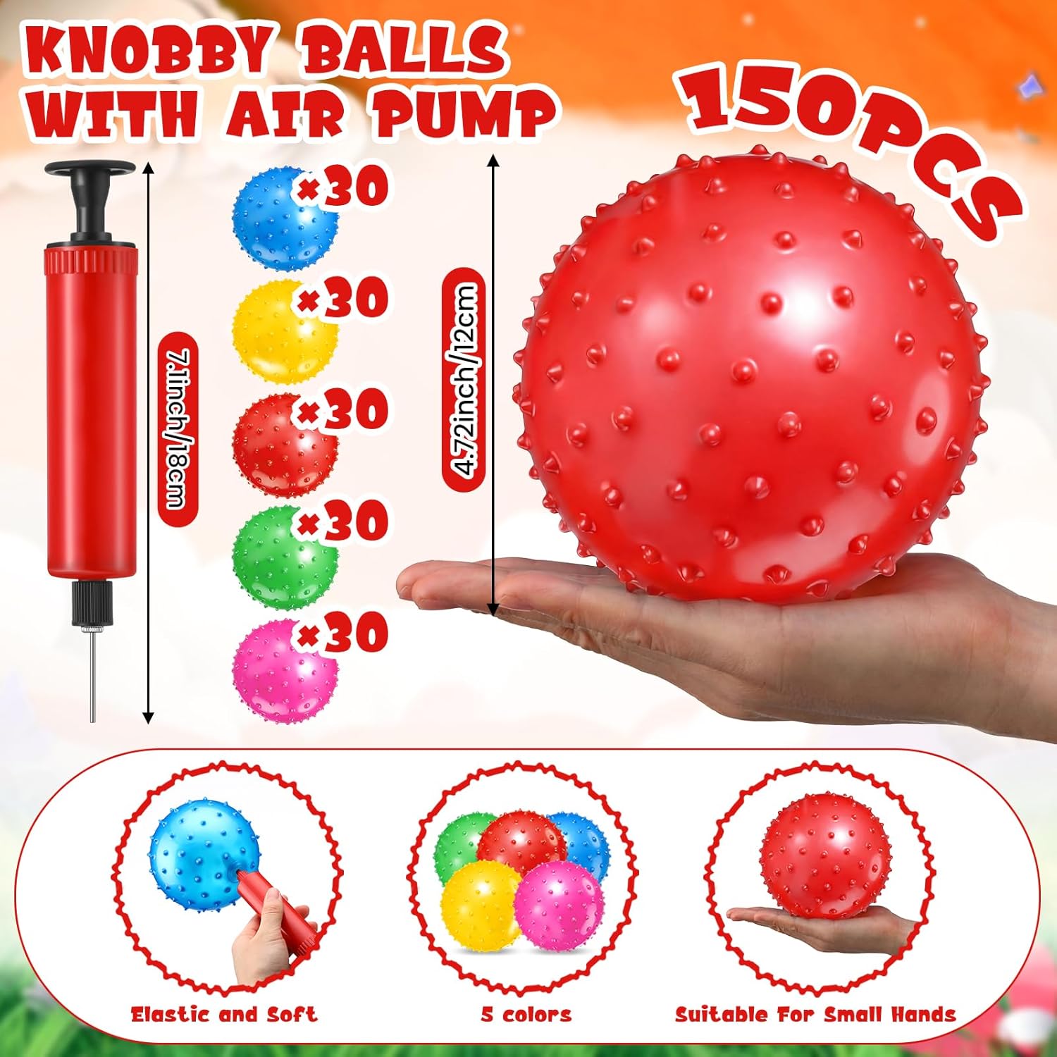 Lenwen 150 Pcs Knobby Balls Bulk 4.7 Inch Bouncy Balls Inflatable Sensory Toys with Air Pump Spiky Massage Stress Ball Bouncy Party Favors Gifts for Playground Backyard Pool Office, 5 Color