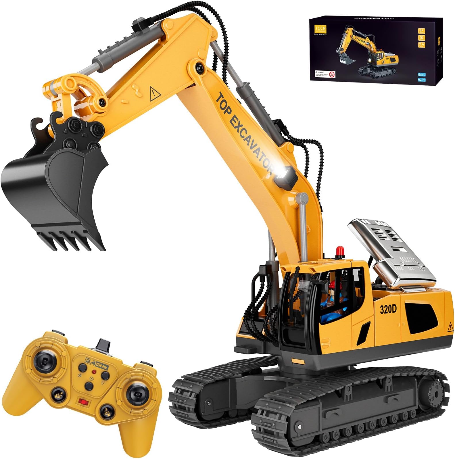 KIDMARKT Remote Control Excavator Toy for Boys | 11-Channel Metal Construction Truck, Lights, Dual Batteries, 120-Min Playtime, Kids Ages 3-12, STEM Gift for Birthday