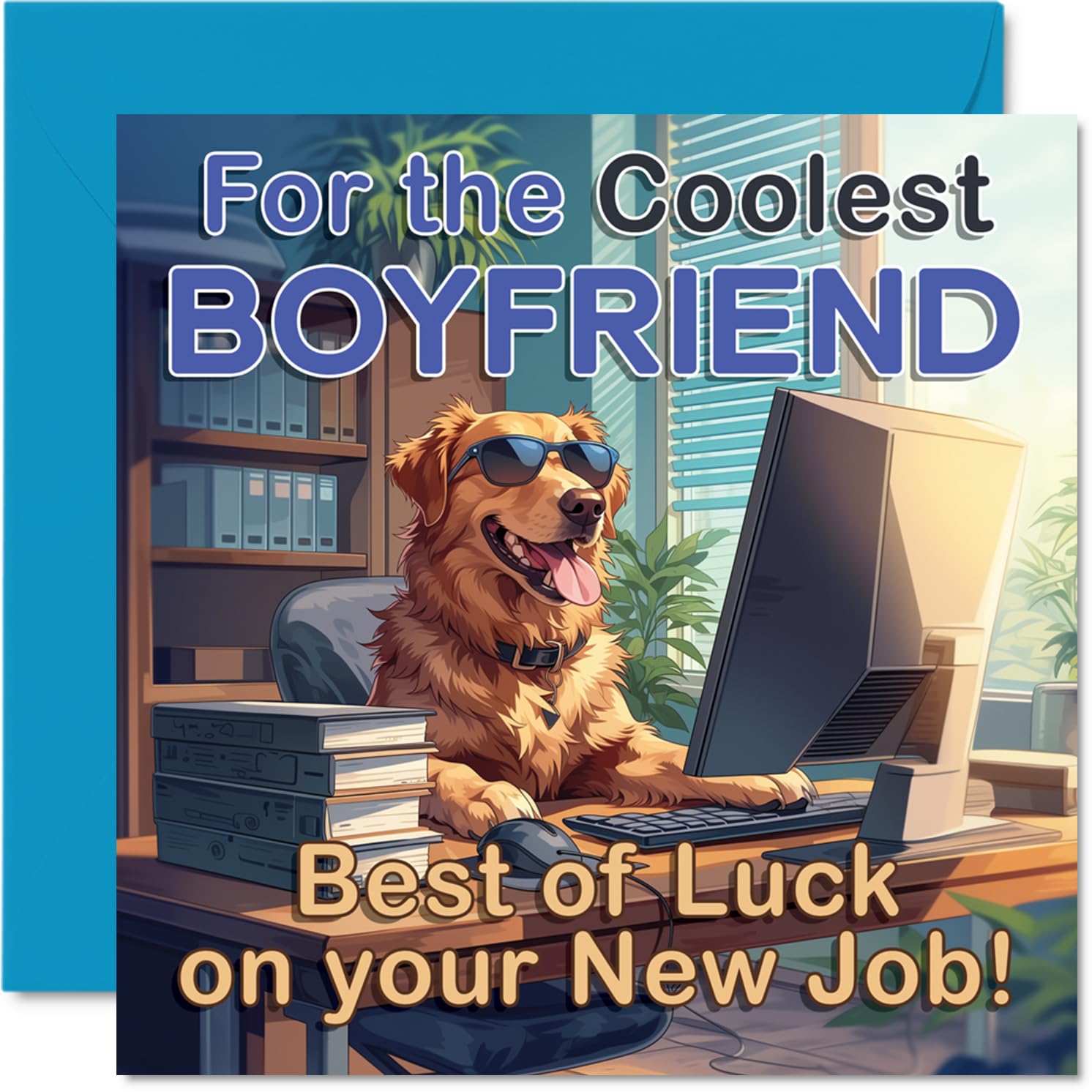 Supportive New Job Card for Boyfriend - Cheerful Dog in Sunglasses at the Office - Fun New Job Send-off - 145mm Square, Envelope Included