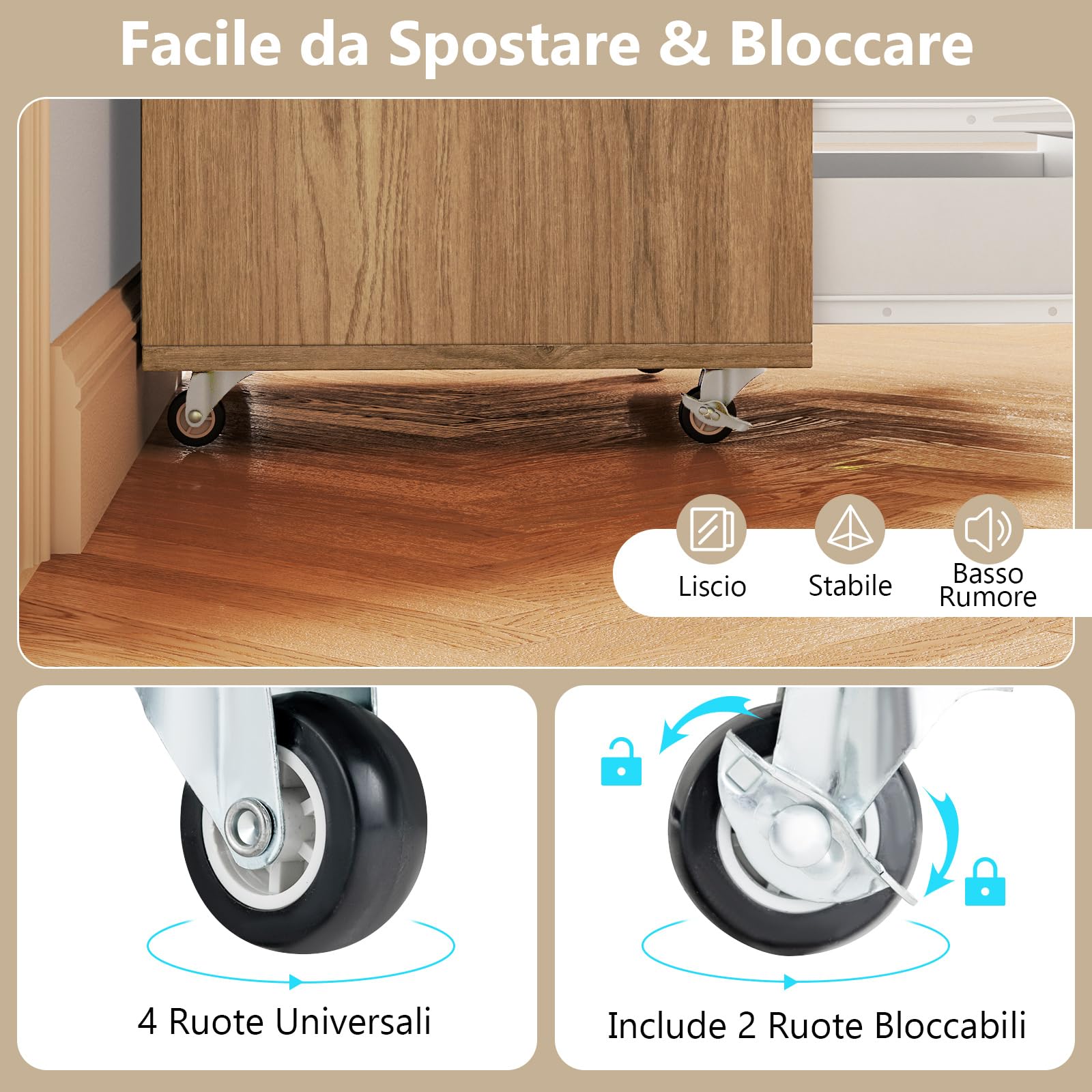 RELAX4LIFE Cassettiera Ufficio con Ruote, Piano 40x49 cm con Portata 45kg, Guide Metalliche, Silenziosa e Stabile, Mobile Porta Stampante per Ufficio, Casa (Bianco+Naturale, 5 Cassetti – 66 cm)
