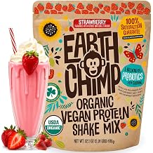 EarthChimp Organic Vegan Protein Powder - with Probiotics - Non GMO, Dairy Free, Non Whey, Plant Based Protein Powder for Women and Men, Gluten Free - 26 Servings, 32 Oz Strawberry