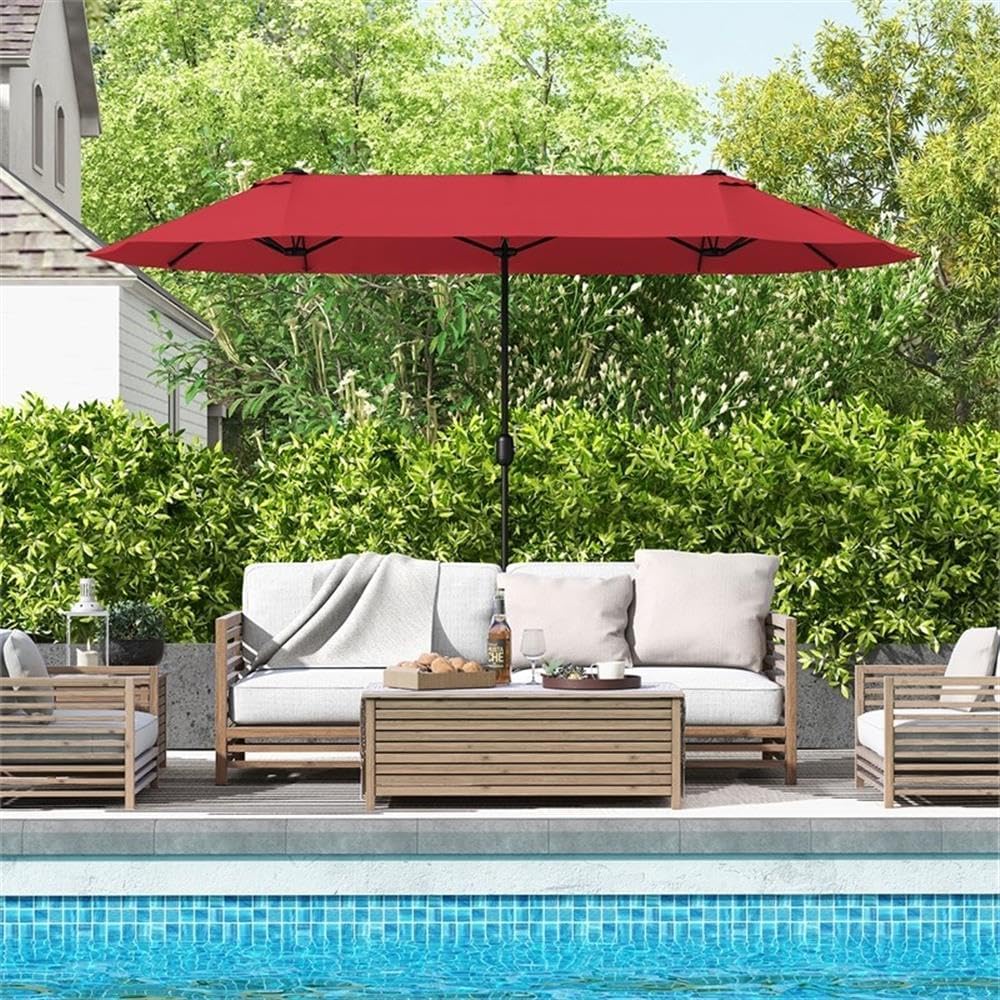 Pemberly Row 13FT Double-Sided Patio Umbrella, Wine Fabric, Crank Handle, Powder-Coated Metal Frame, UV-Resistant Vented Canopy, Sturdy Weighted Base, Outdoor Shade for Events or Gatherings