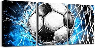 Erosebridal Soccer Canvas Wall Art 12"X16" Blue Flame Soccer Wall Art Set Of 3 For Bedroom Decor,Football Sports Themed Paintings White Goal Geometric Polygon Canvas Paintings