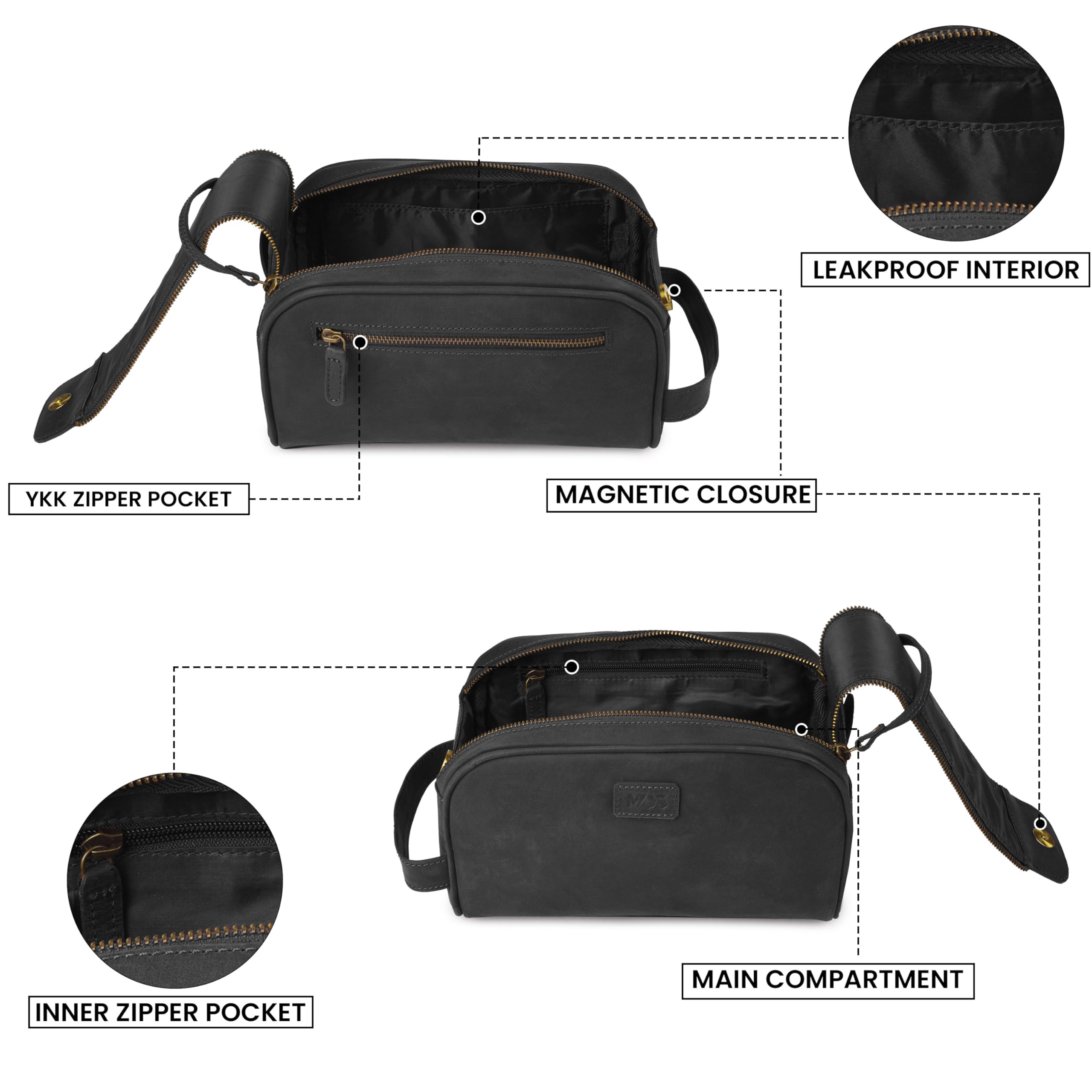 VDS Beauty case in pelle unisex, Nero , 6"H x 10"L x 6"W, Vintage