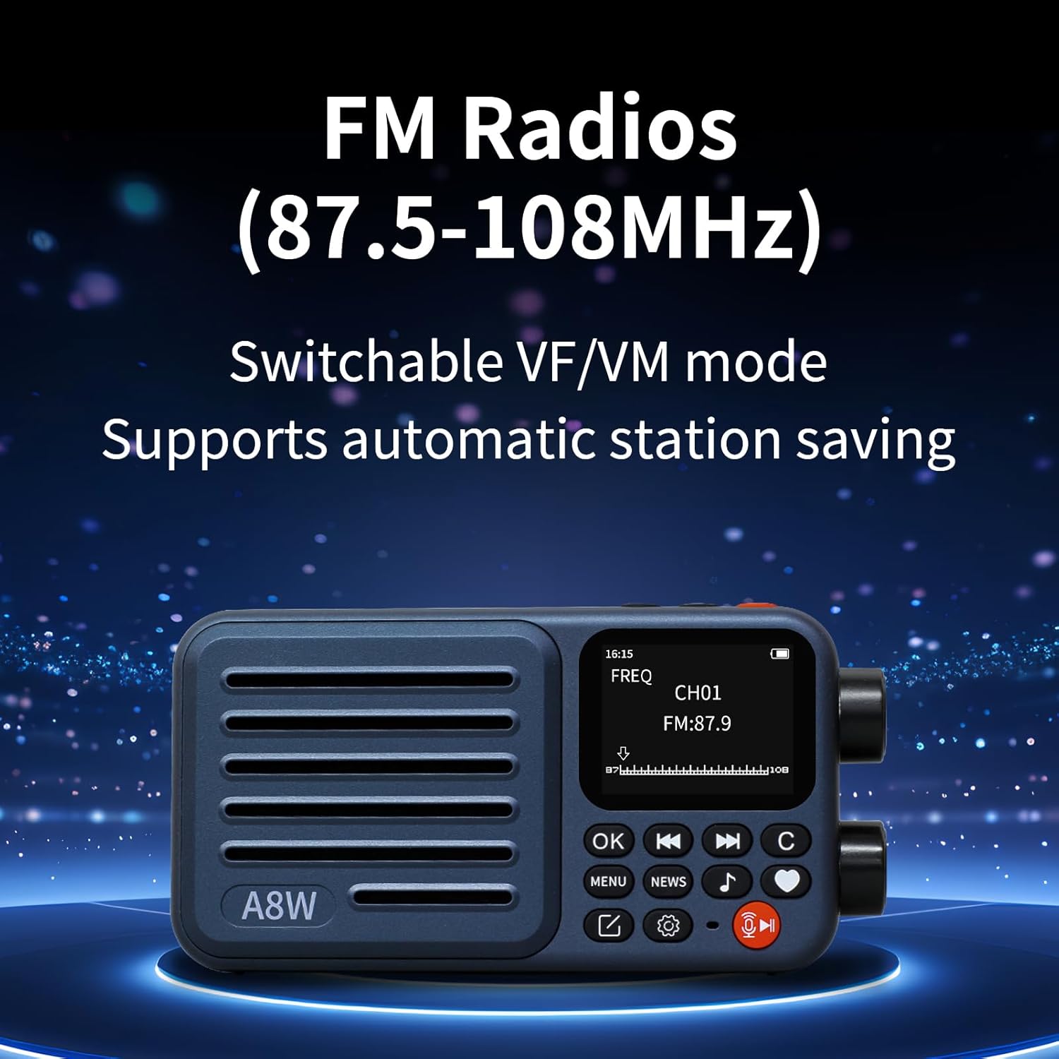 CHOYONG A8W displaying FM radio frequency