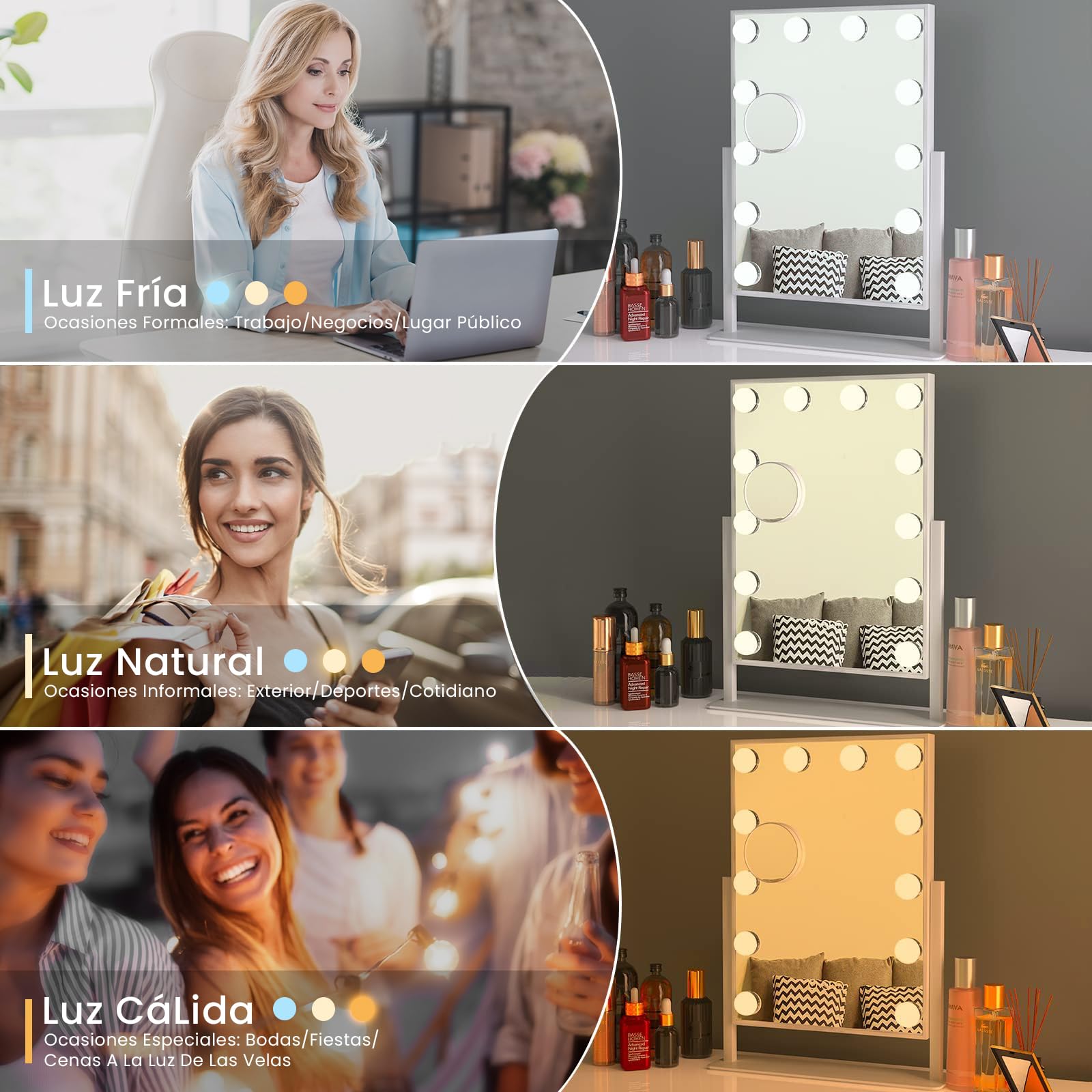 Dripex Espejo Maquillaje Mesa 48x36 cm – 12 LED 360° | 3 Colores de Luz, Brillo Ajustable, Giratorio 360°, Lente 5X Incluida, Superficie 30x41 cm, Ideal Casa o Oficina