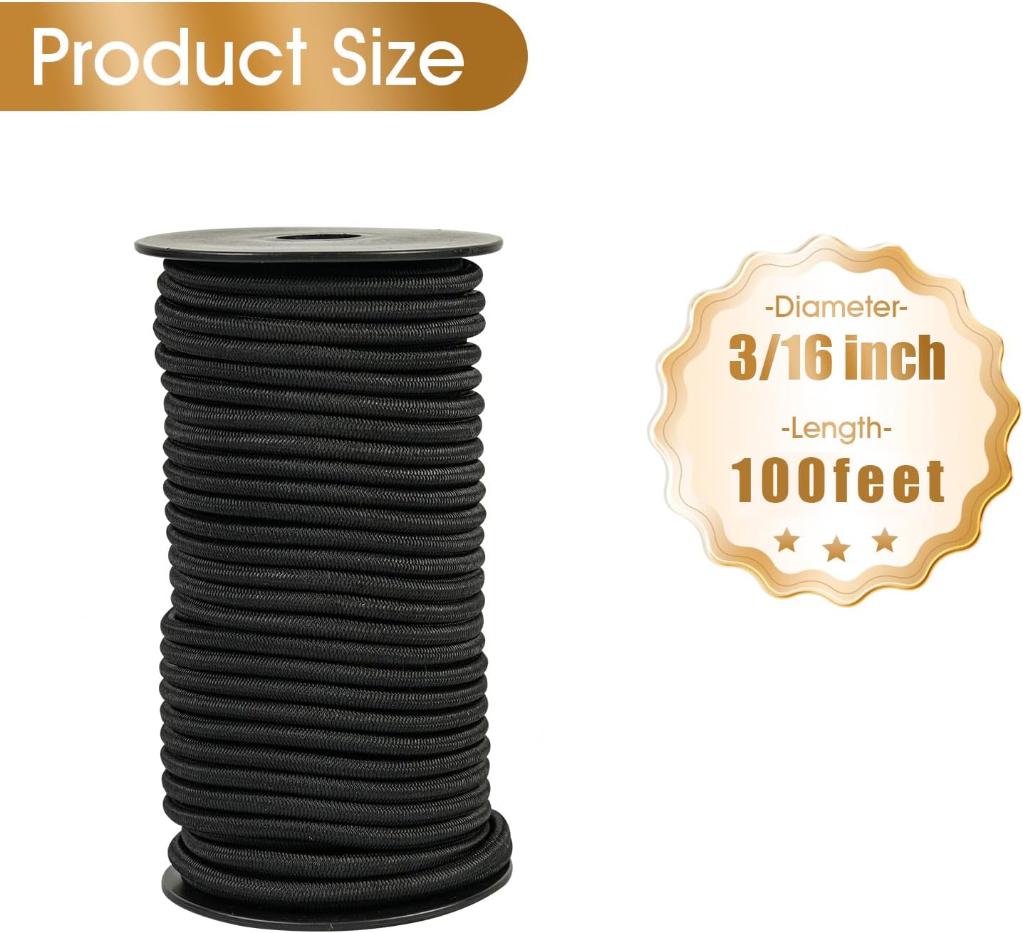 3/16 Inch Black Bungee Cord Roll, 100 Feet Heavy Duty Elastic Shock Cord Nylon Stretch String Kayak Bungee Rope for Luggage, Camping, Kayak, Tent Pole, Tie Downs (Black, 3/16 inch x 100 ft)