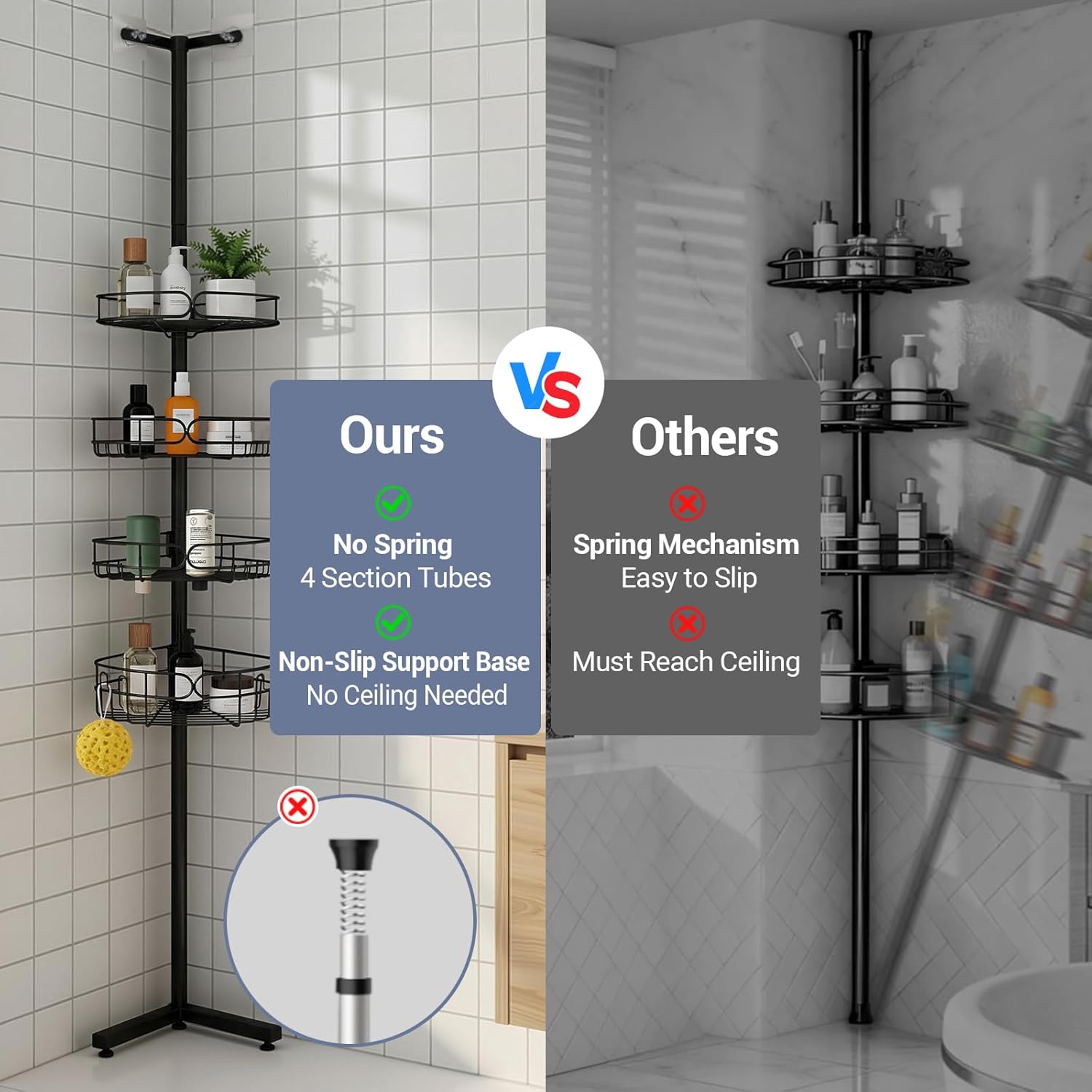 Standing Shower Caddy Corner, 4-Tier Adjustable Height Bathroom Organizer, 6-Section Pole, Sturdy Floor Standing Shelf for Shower or Bathtub – No Drilling, No Spring Tension