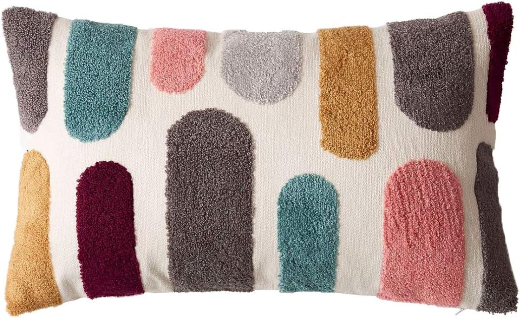 vctops Boho Geometric Tufted Lumbar Decorative Throw Pillow Cover Farmhouse Cotton Embroidery Accent Cushion Case for Couch Sofa Bed (Embroidery7, 12"x20")