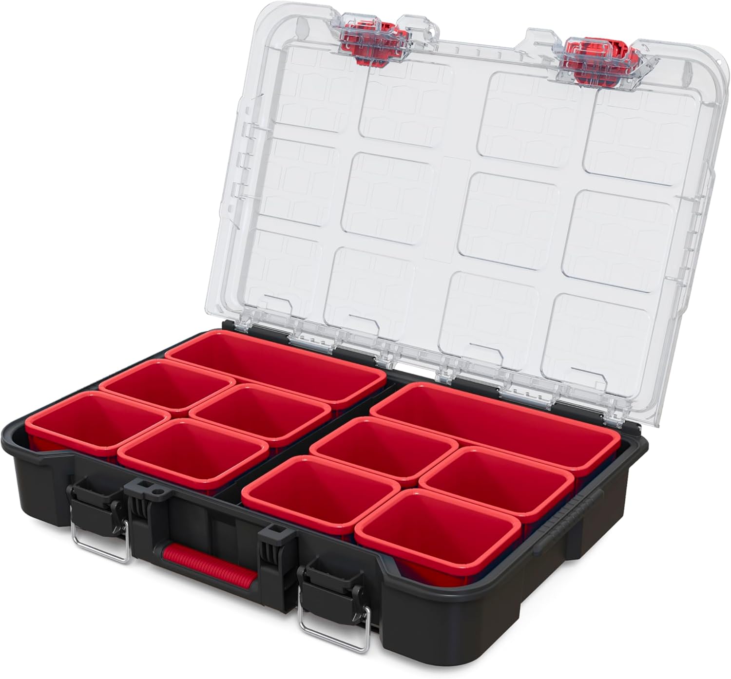 Keter Stack & Roll Organiser, open with red bins