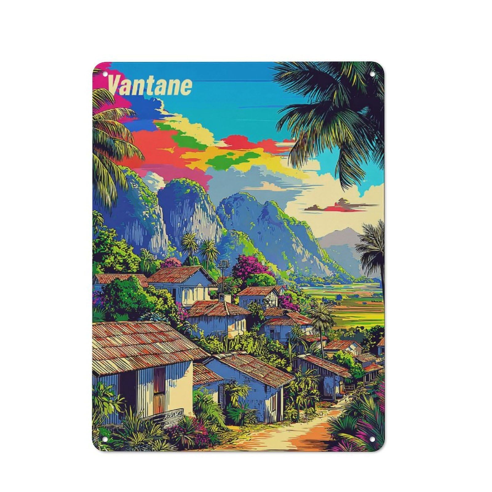 Country Metal Sign with Vantane Tropical Village Paradise Design 40x30cm, Farmhouse Farmhouse Wall Decor for Kitchen, Cottage, Porch Or Garden Room