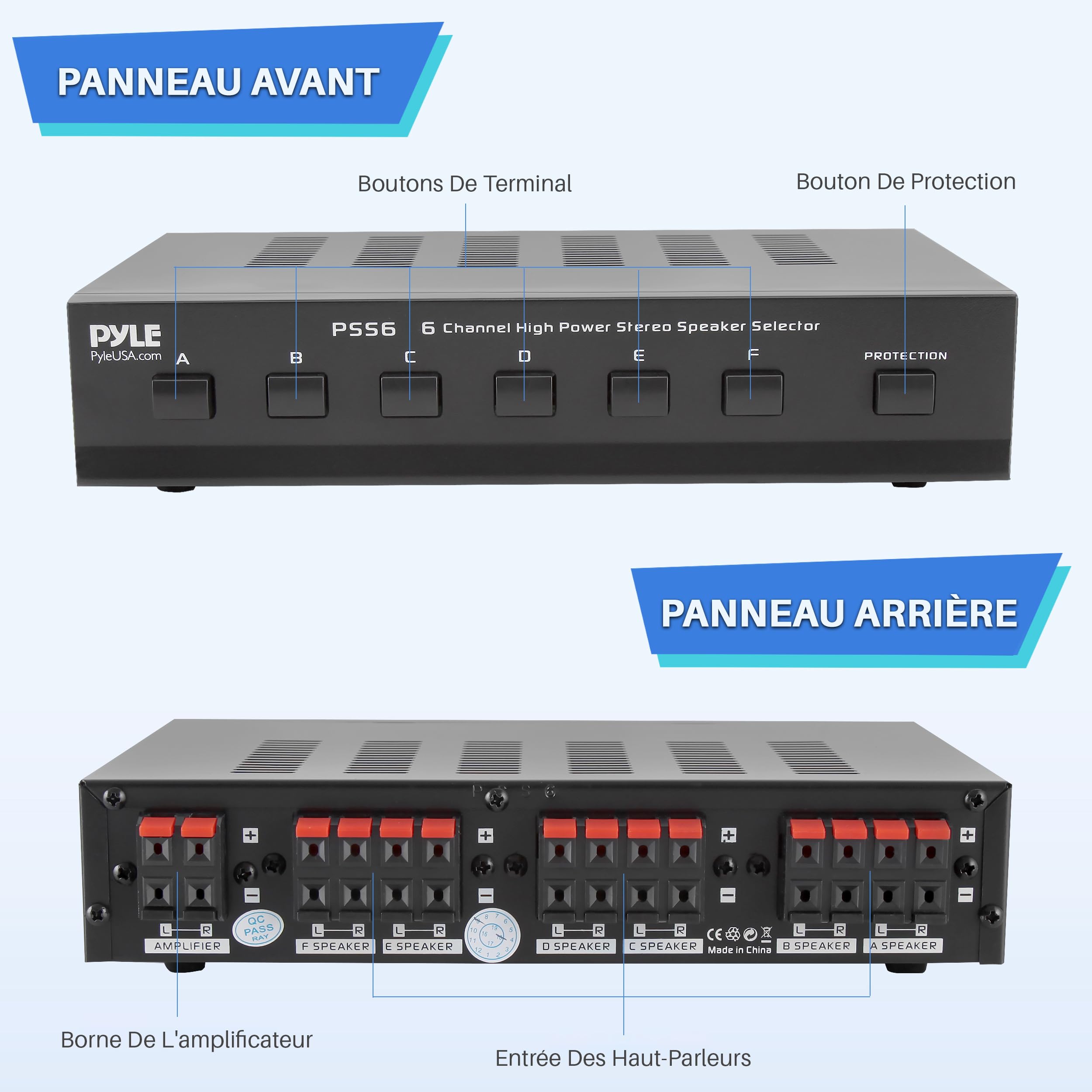 Pyle Sélecteur d’Enceintes 6 Zones – Sélecteur Audio Multi-Canaux Haute Puissance, Boîtier de Distribution pour Amplificateur Stéréo, 6 Sorties Haut-Parleurs