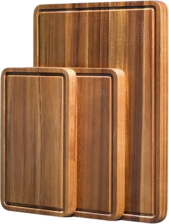 Cutting Boards for Kitchen, Large Wood Chopping Board Set of 3 with Deep Juice Groove, Acacia Charcuterie Board, Wooden Trays for Meat, Fruit and Cheese (17x12, 12x10, 12x7 inch)