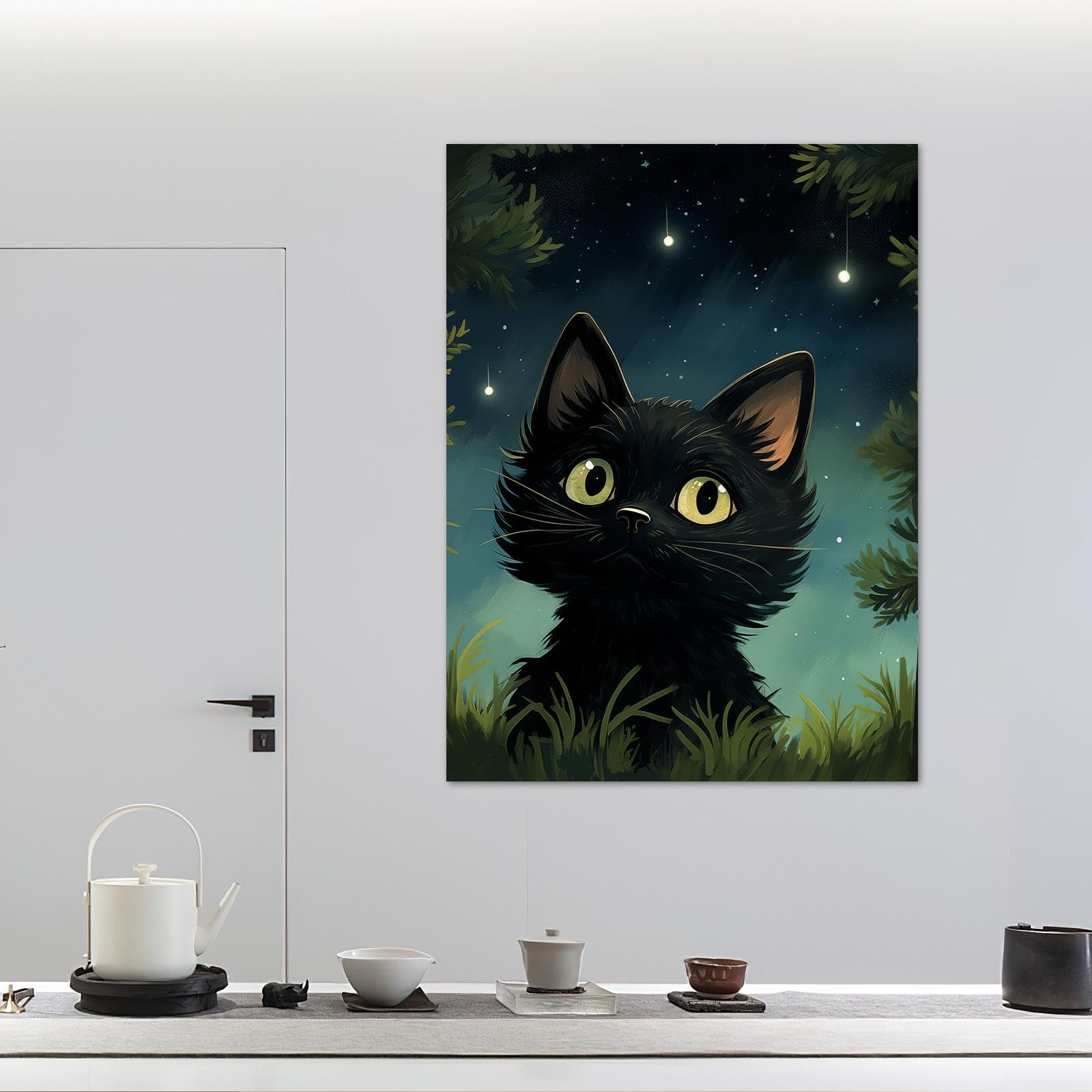 Art Mural Chat Noir Toile Prête à Suspendre Évite Murs Vides