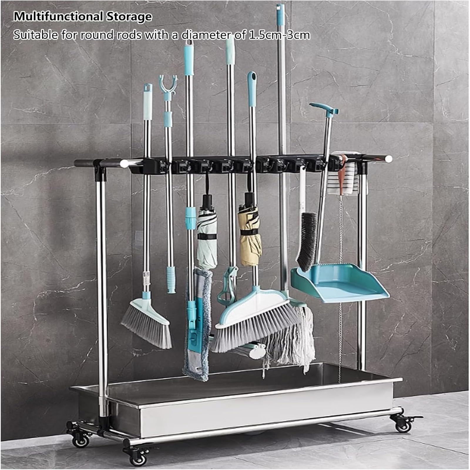Soporte para escoba, carrito de limpieza con ruedas, con tanque de agua, carrito de limpieza de 44 cm, acero inoxidable, para el hogar, lavandería, garaje, jardín