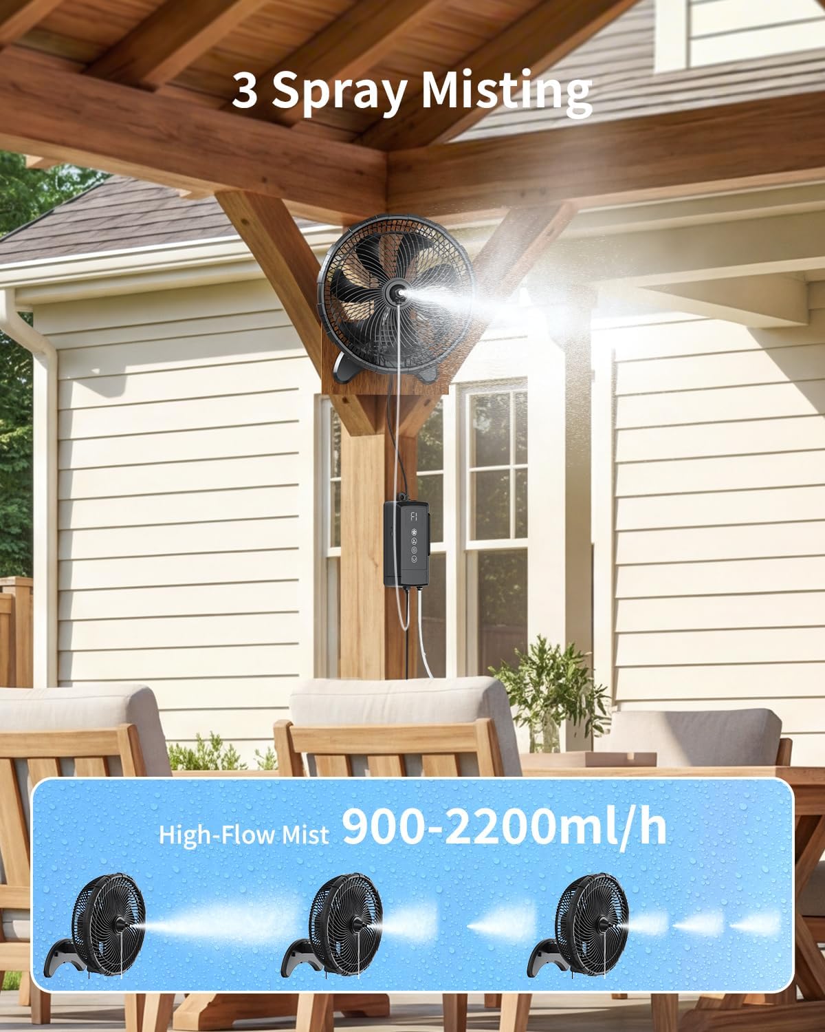 12” Wall Misting Fan with Remote, Built-in Pump No Faucet Needed, 3 Speed & 3 Mist Modes, Black Quiet Wall Fan for Patio, Gazebo, Deck, Porch, Garage