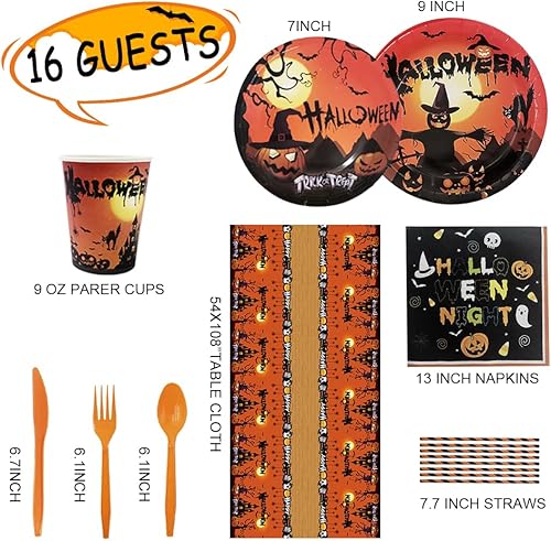 Miniatura 7 de AIBIIN 131 piezas de suministros de fiesta de Halloween, decoración de fiesta de Halloween, juego de vajilla de papel desechable, servilletas,