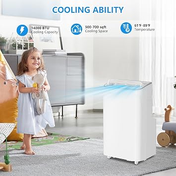 14,000 BTU Portable AC Unit, 3-in-1 Cooling Dehumidifier and Fan, Ideal for Rooms Up to 350 Sq ft at Home Office or Dorm, Quiet Operation for Sleep, 24-Hour Timer, Rolling Wheels for Easy Moving