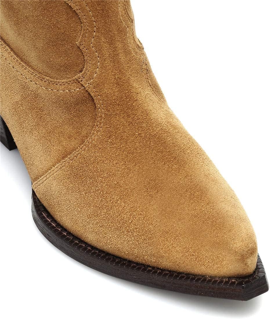 YIYA Women's Western Suede Cowboy Mid Calf Boots Classic Pointed Toe Chunky Low Heels Cowgirl Boots - Image 5