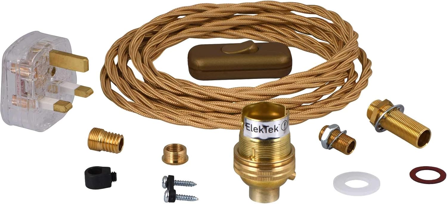 ElekTek Premium Lamp Kit Brass Unswitched B22 Lamp Holder with Twisted