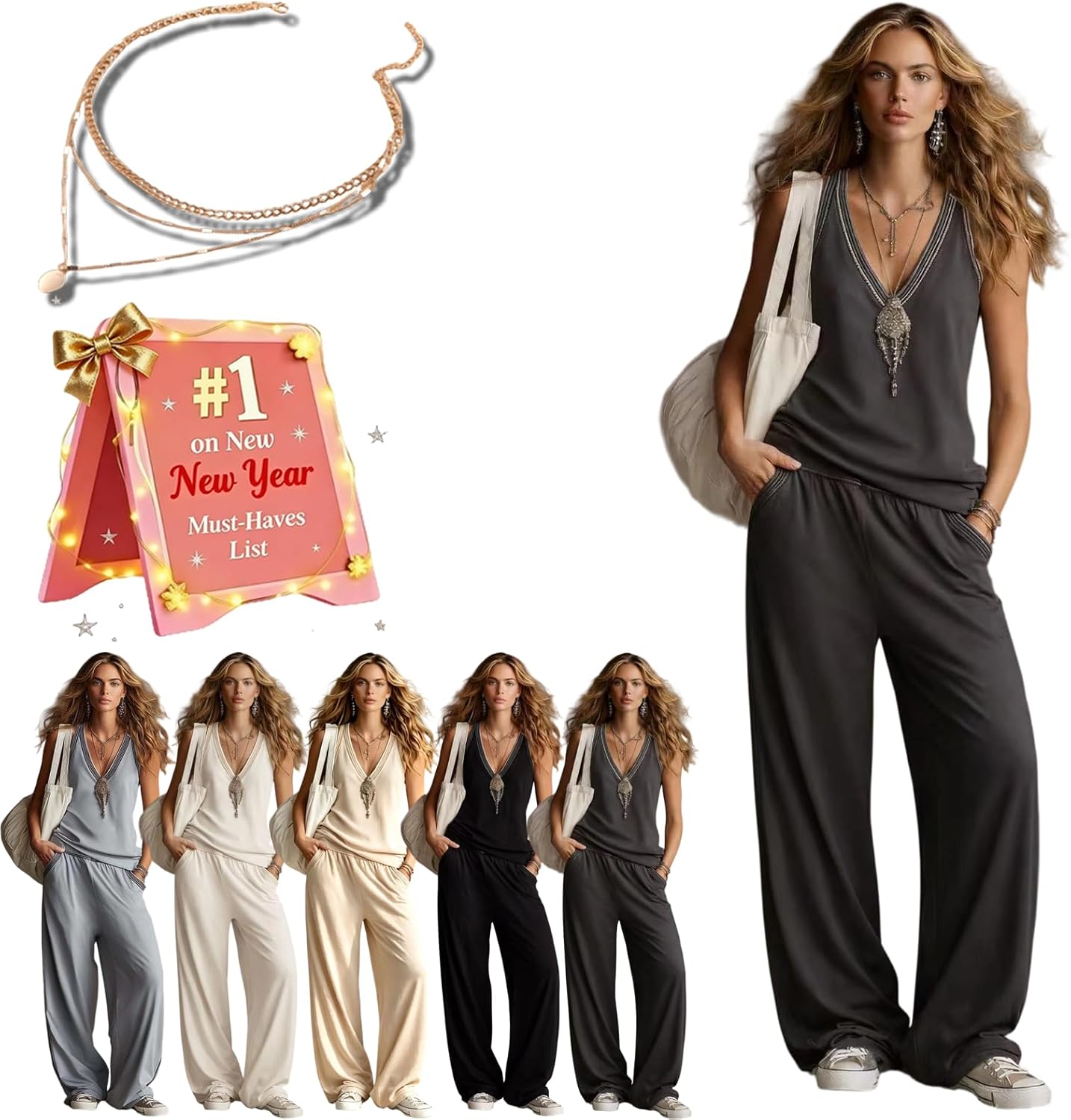 Women's Casual V-Neck Sleeveless Wide-Leg Pants Set, Loose Fit