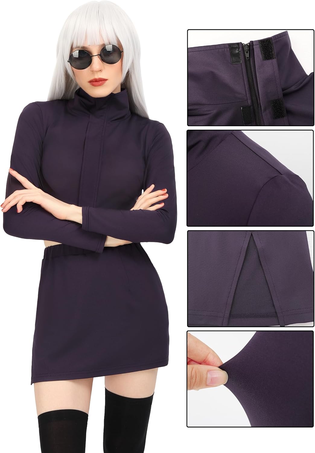 C-ZOFEK Anime Cosplay Women Purple Halloween Costume Crop Top Split Skirt with Glasses - Image 5