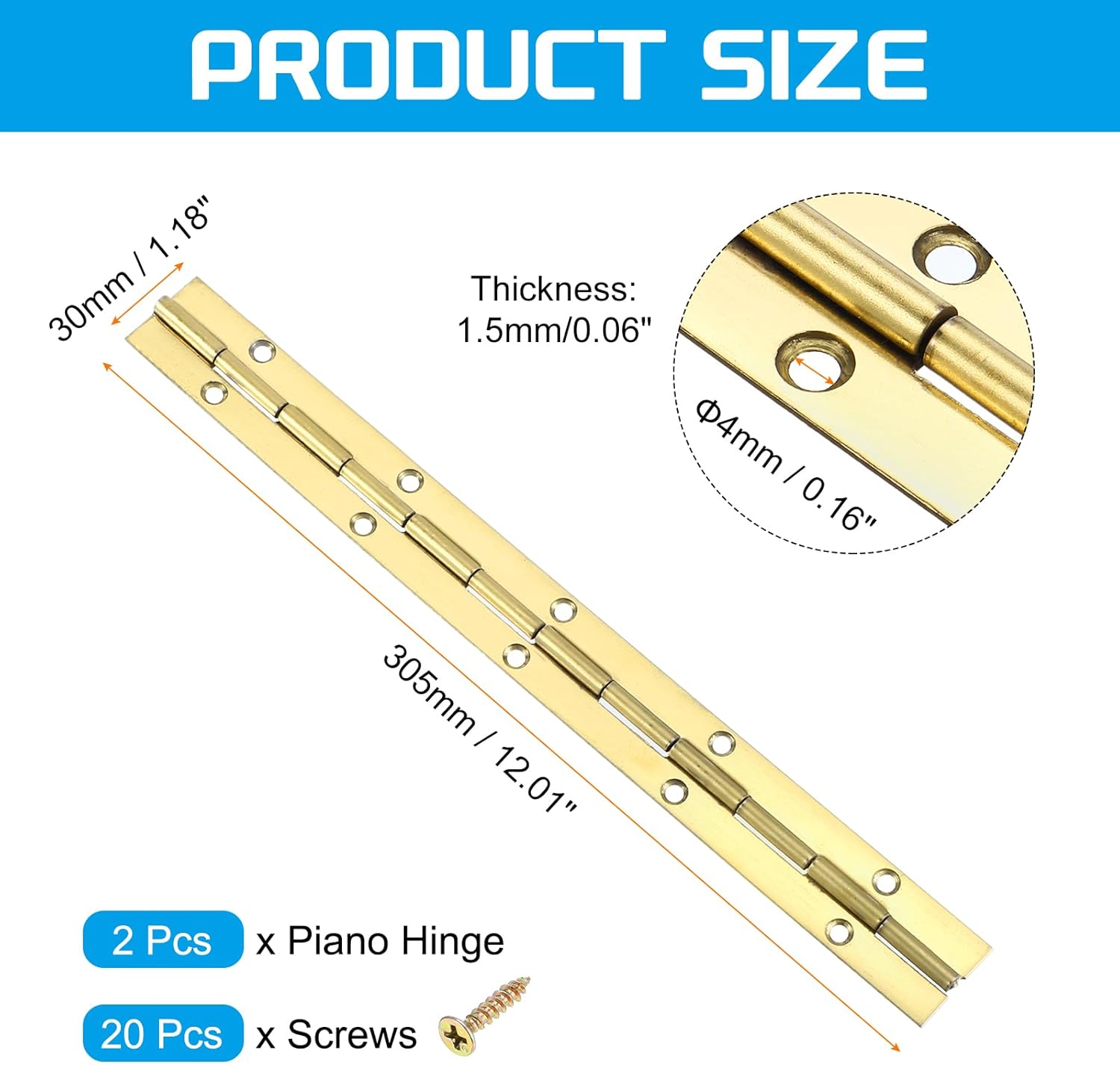 uxcell 2 Pack Piano Hinge, 12" Stainless Steel Continuous & Piano Hinges 1.2" Open Width 0.06'' Thick Heavy Duty Piano Hinges with Screws for Piano, Cabinets, Doors, Gold