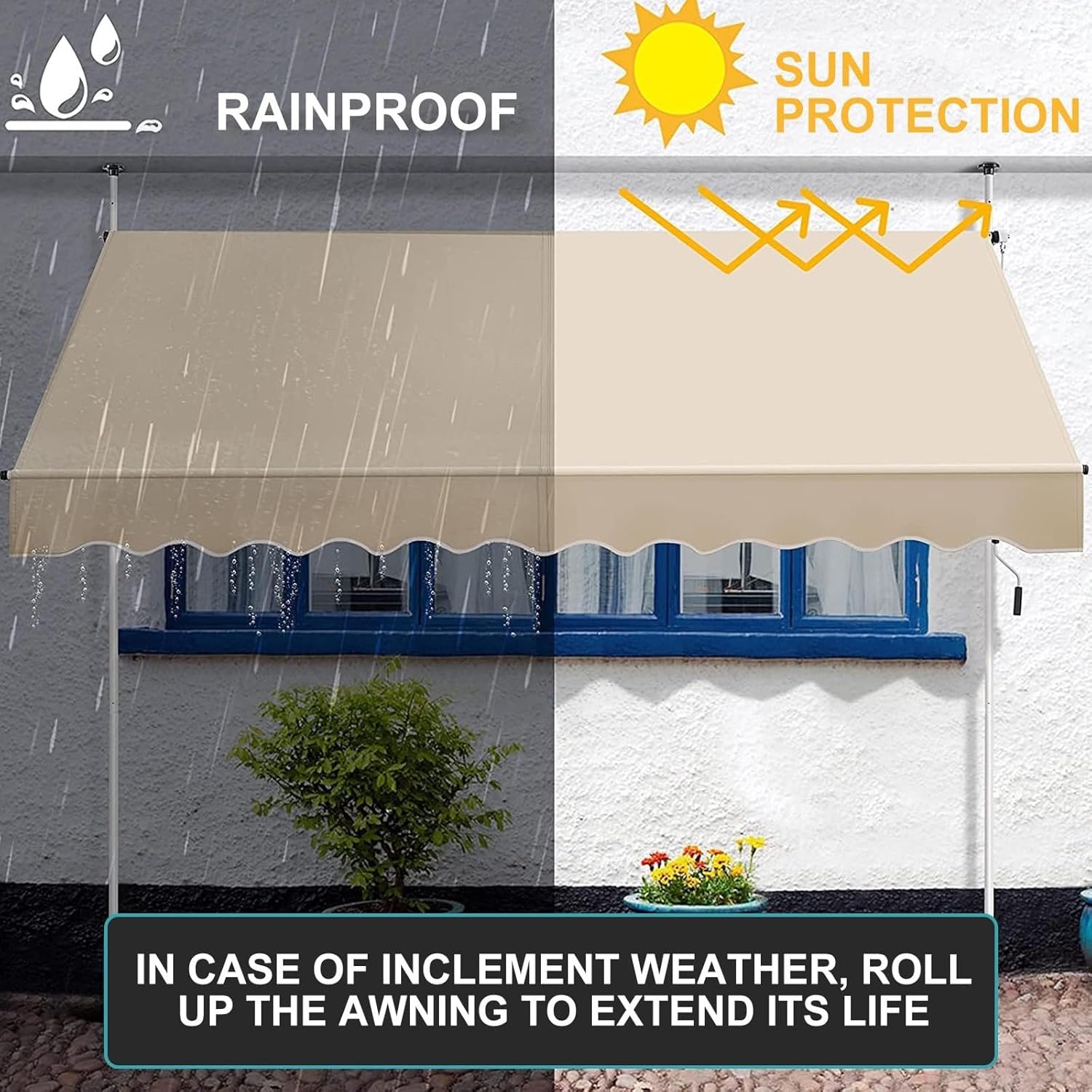 SALE!!【SHUITUKOUU】バルコニー手動調節可能な日よけ、DIYパティオオーニングキャノピー、高さ調節可能200-300cm、自立型屋外サンシェード、脚付き格