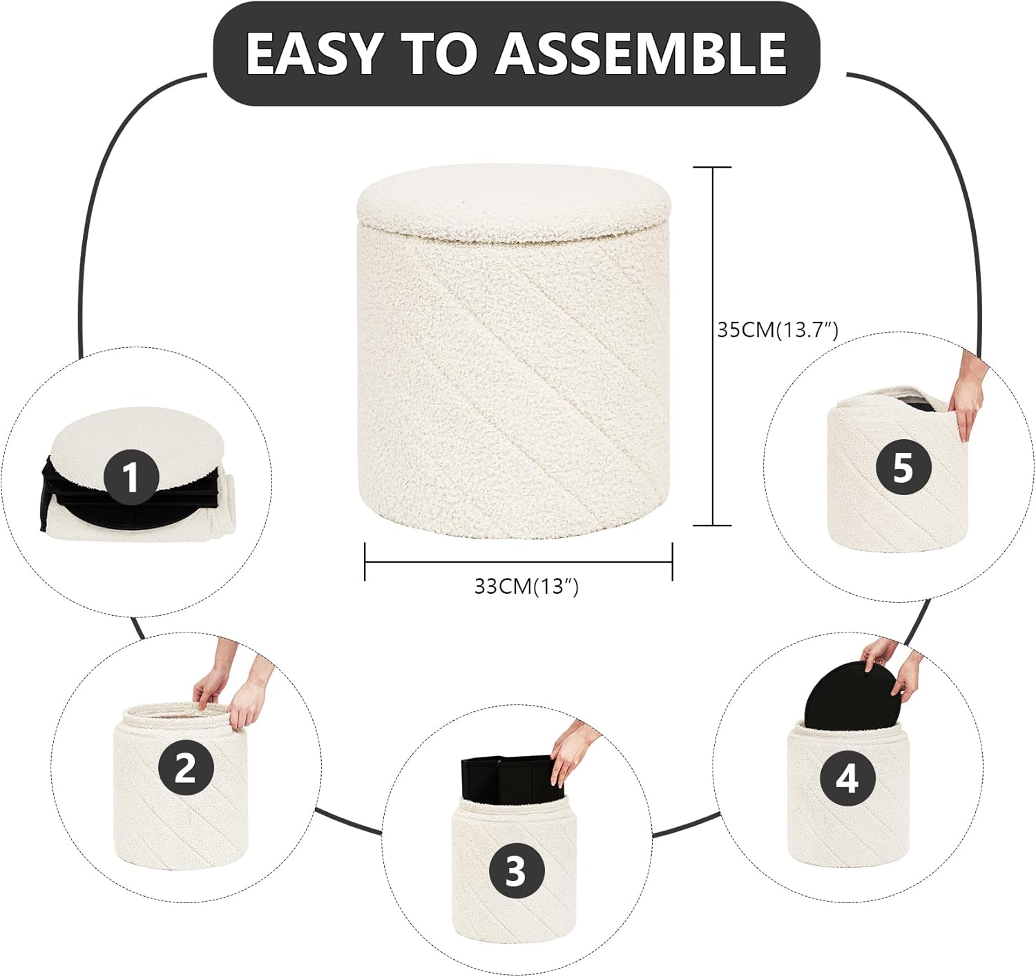 Round Ottoman with Storage - Foldable Stylish Coffee Table for Living Room & Bedroom - Space-Saving Ideal for Home Decor and Organization for Families & Individuals-White