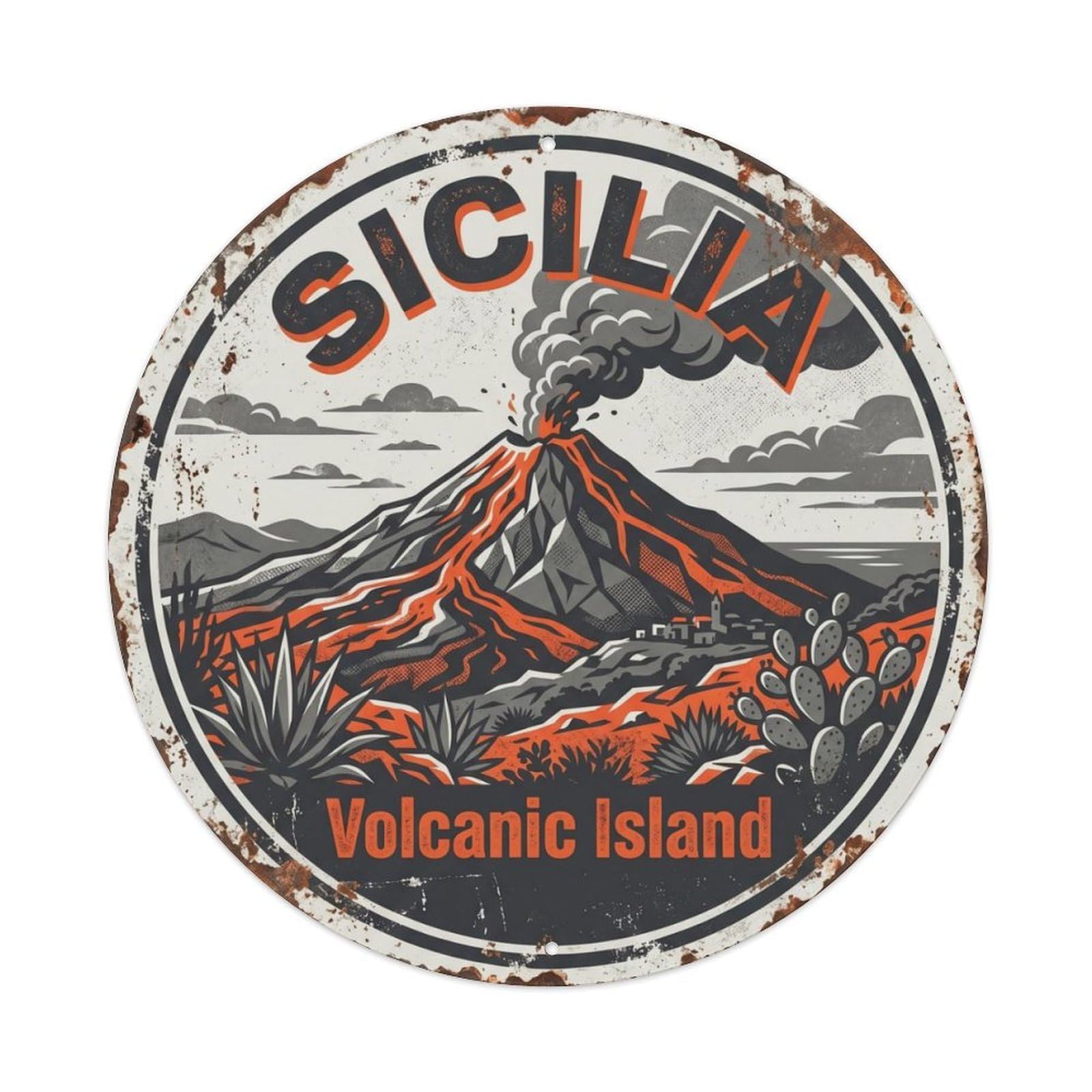 Vintage Travel Sicily Volcano Italy Metal Tin Sign Plaque Wall Decor for Cafe, Club, Garden Round Metal Poster 8x8Inch