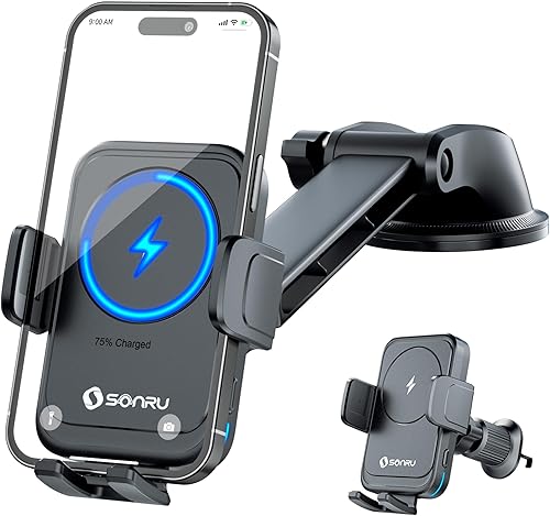 SONRU Soporte de teléfono para automóvil, cargador inalámbrico Qi de 15 W, carga rápida, sujeción automática, soporte de succión para salpicadero,