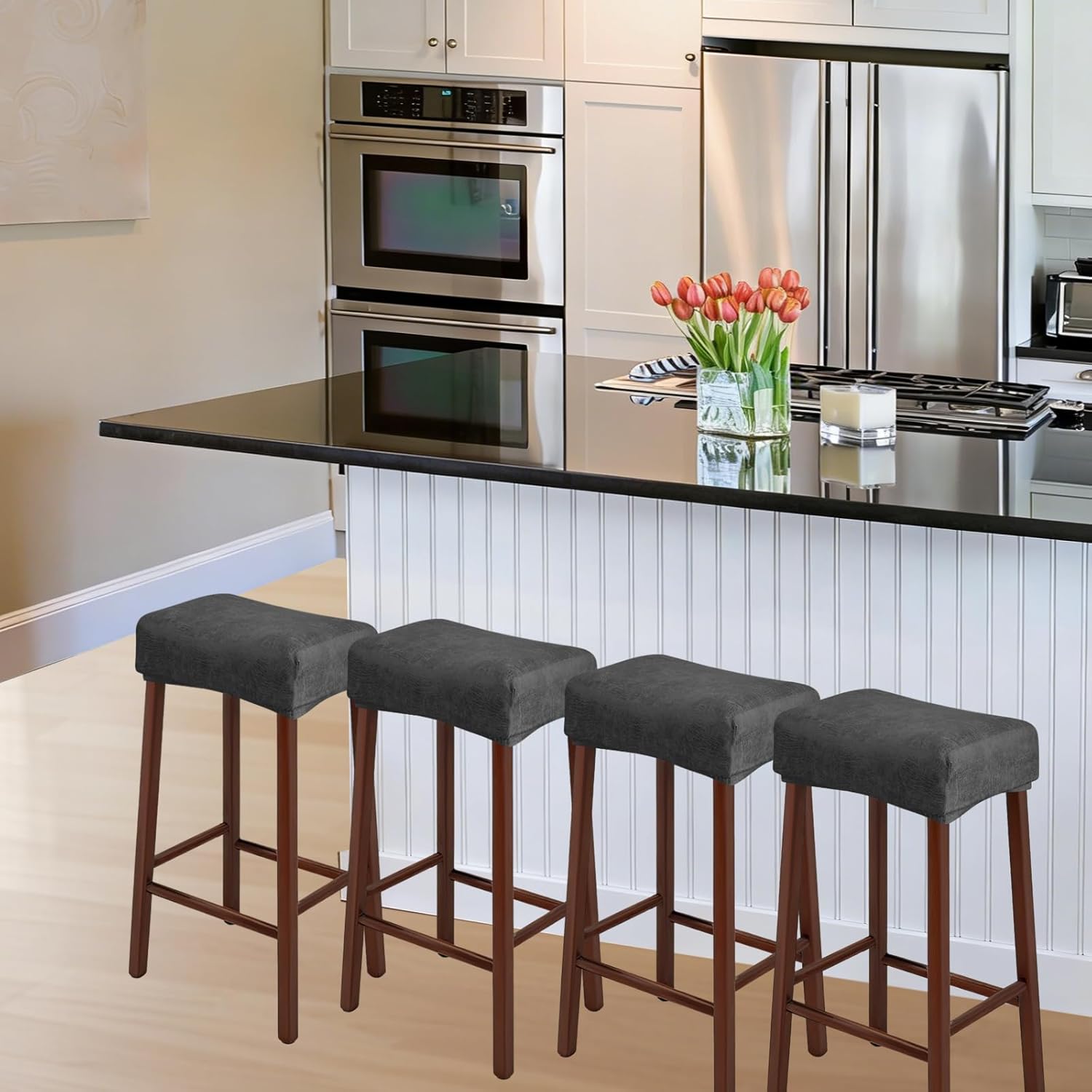FUANGUI Bar Stool Covers Set of 4, Rectangle Faux Leather Looking Stretch Bar Stool Chair Cover Slipcovers, Counter Stool Bar Chair Covers for Kitchen Pub Dining Room Retro Style Home Deco- Black