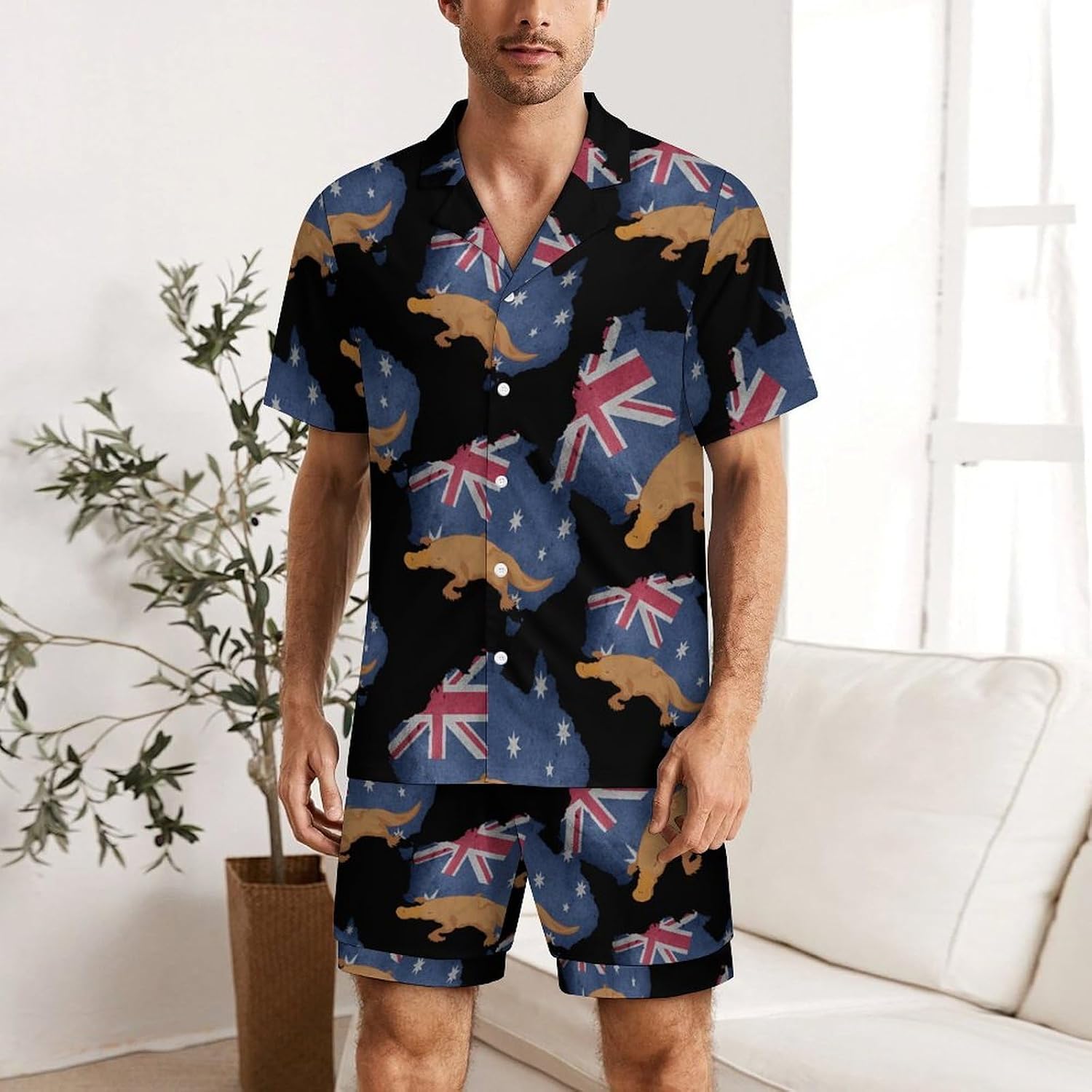 Vintage Australia Map Flag Australian Platy-Pus Men's Short Sleeve Pajama Set Satin Silk Like Lounge Sleepwear