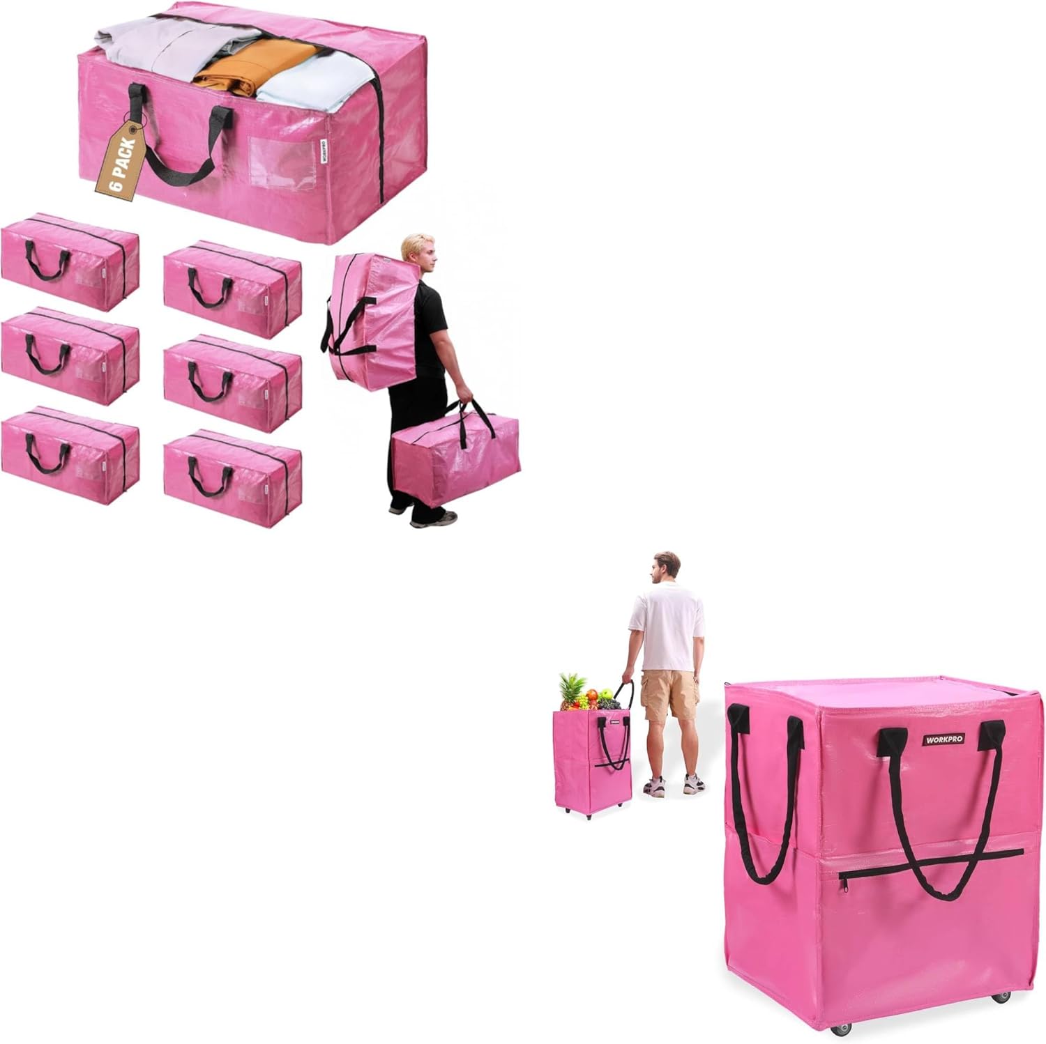 WORKPRO 6 Pack Extra Large Moving Bags & Large Reusable Grocery Bag on Wheels