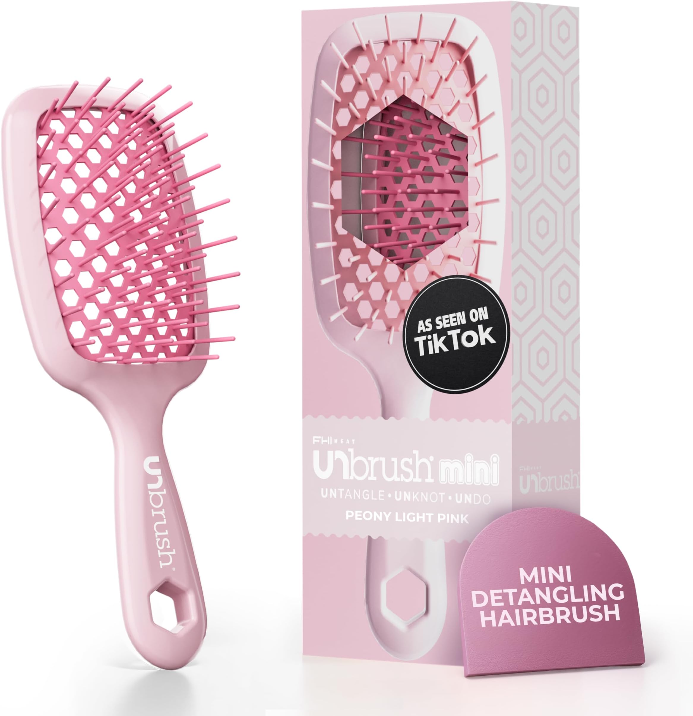 FHI Heat UNbrush Mini Detangler Brush for Painless Brushing on All Wet or Dry Hair - Durable Duoflex Antistatic Bristles, Lightweight Handle, Breathable Mini Hairbrush, Peony Light Pink