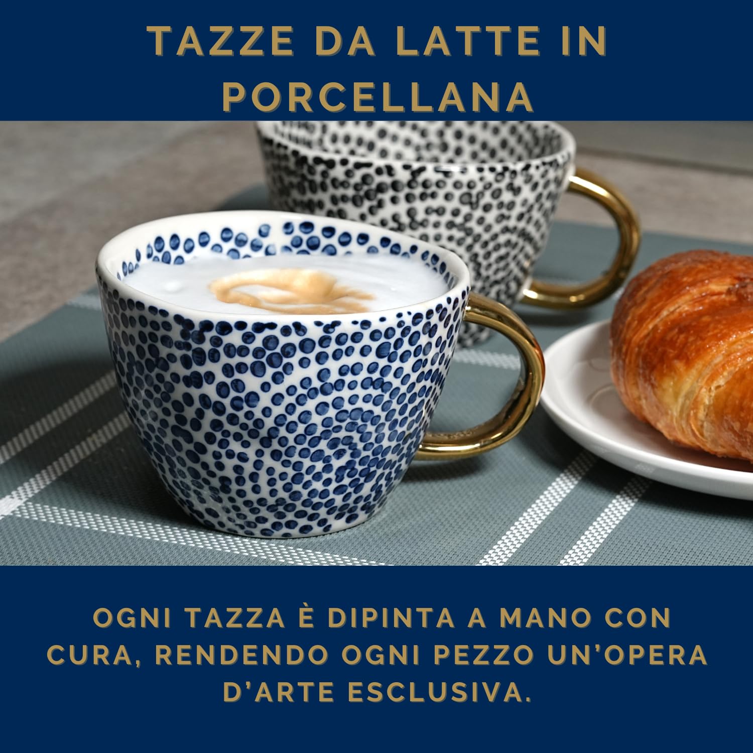 Set 4 Pezzi Tazze Eleganti Idea Regalo da Latte Porcellana 400 ml con Forma Irregolare Dipinte a Mano con Manici Dorati Raffinate Eleganti (Blu e Nero)