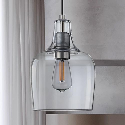 Miniatura 6 de 1 lámpara colgante de isla de cocina para interiores, 6.1 pulgadas, lámpara colgante de techo de vidrio azul, acabado de níquel cepillado, moderno