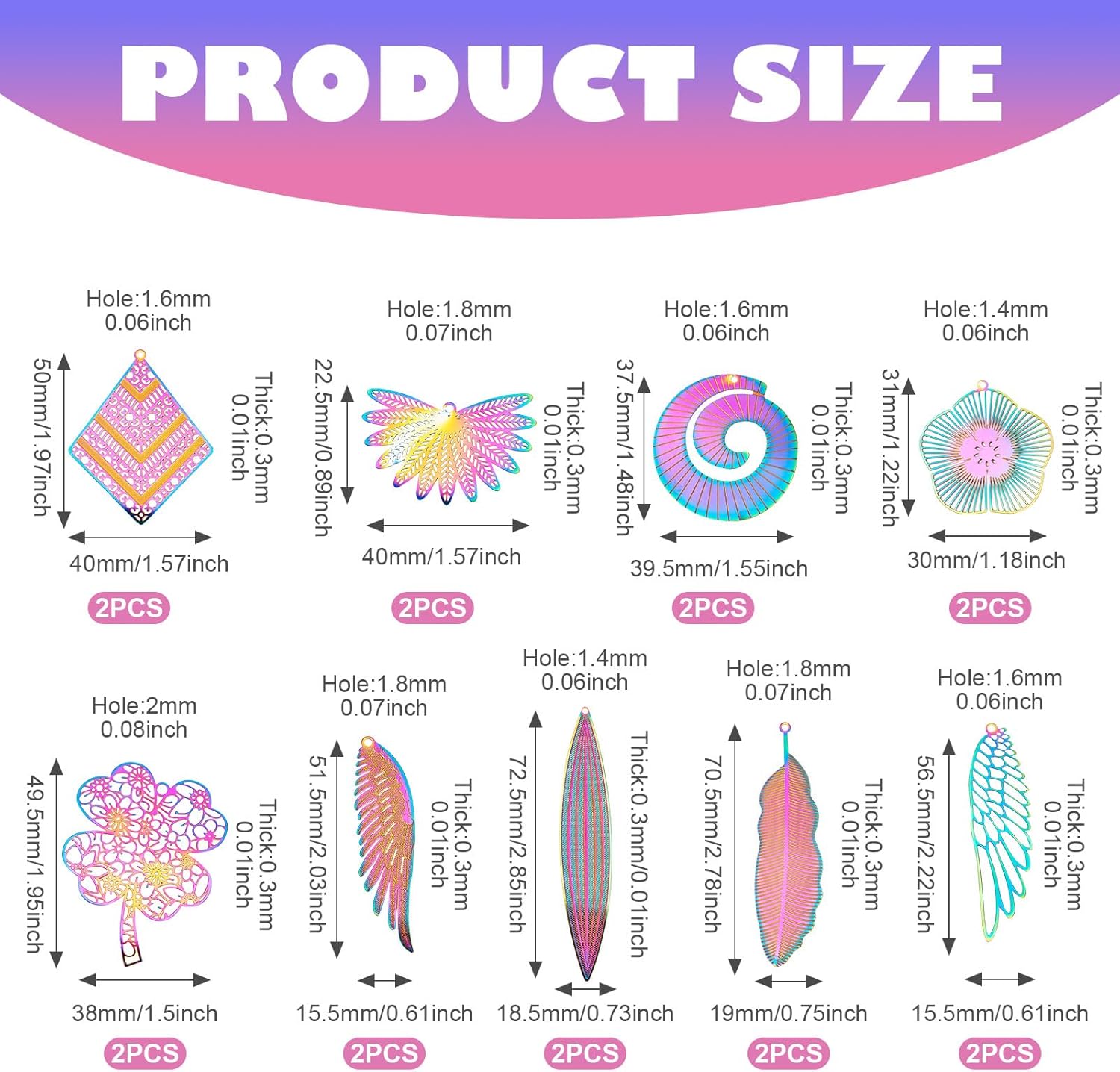 18 Pcs Rainbow Filigree Charms Stainless Steel Charms for Jewelry Making Hollow Flower Wing Feather Leaf Etched Metal Embellishments Pendants for Earrings DIY Crafts - Image 5