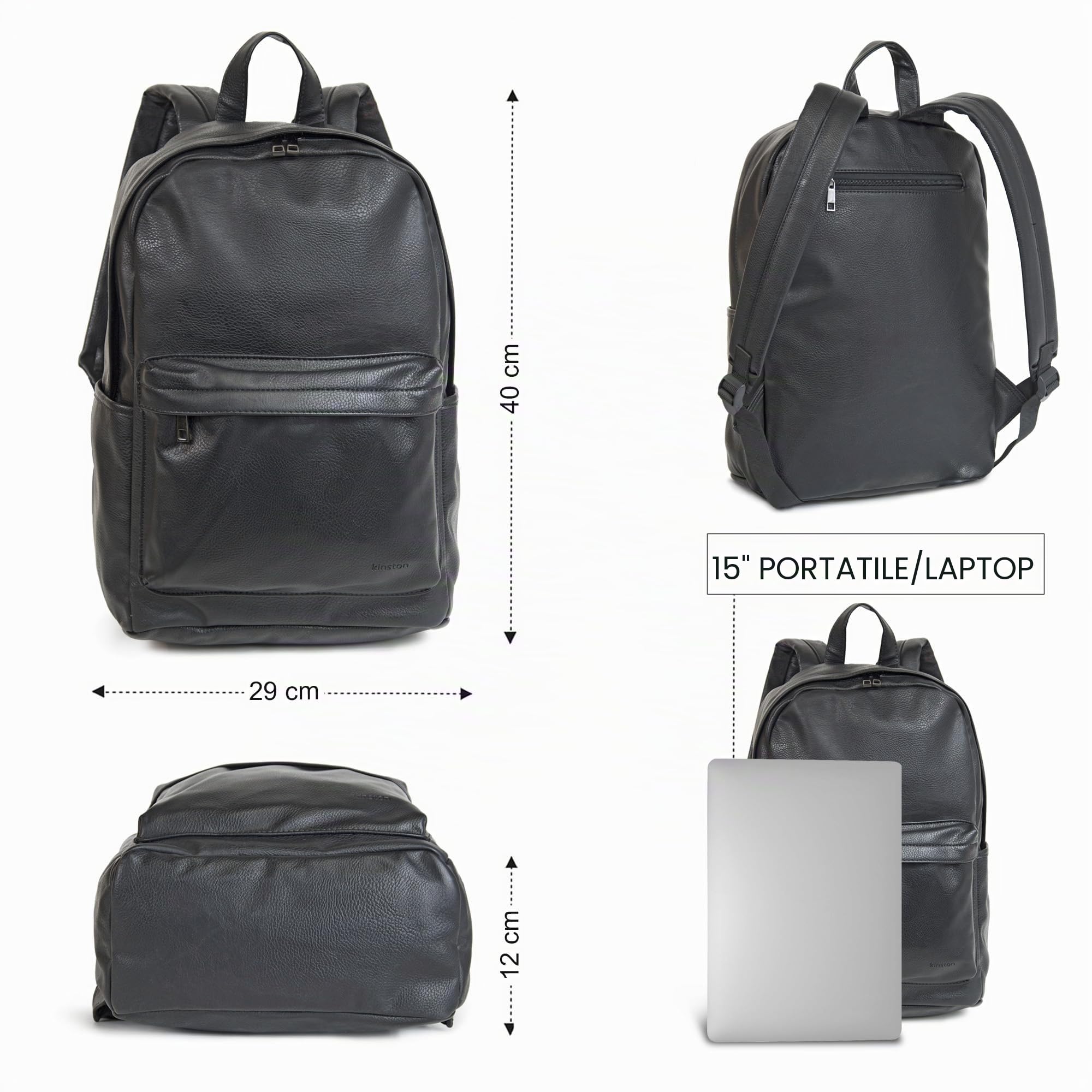 KINSTON - Zaino per Computer in Finta Pelle Vintage per Uomo Urbano (Nero)