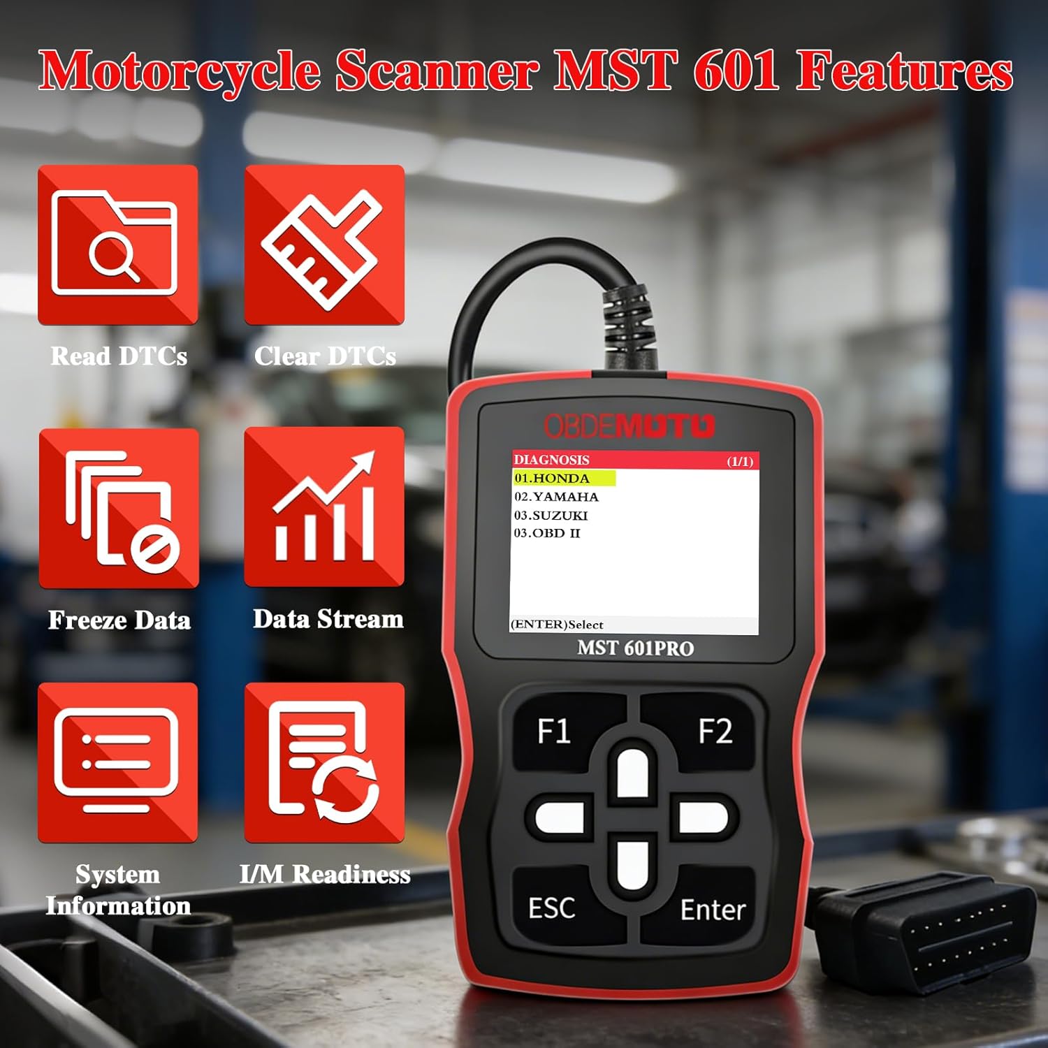 601Pro Motorcycle Scanner, Motorcycle Diagnostic Tool with 2.4'' LCD, Motorcycle OBD2 Scanner with ECU Scan, Read & Clear Codes, Live Data Stream, Freeze Frame for Honda Yamaha Suzuki