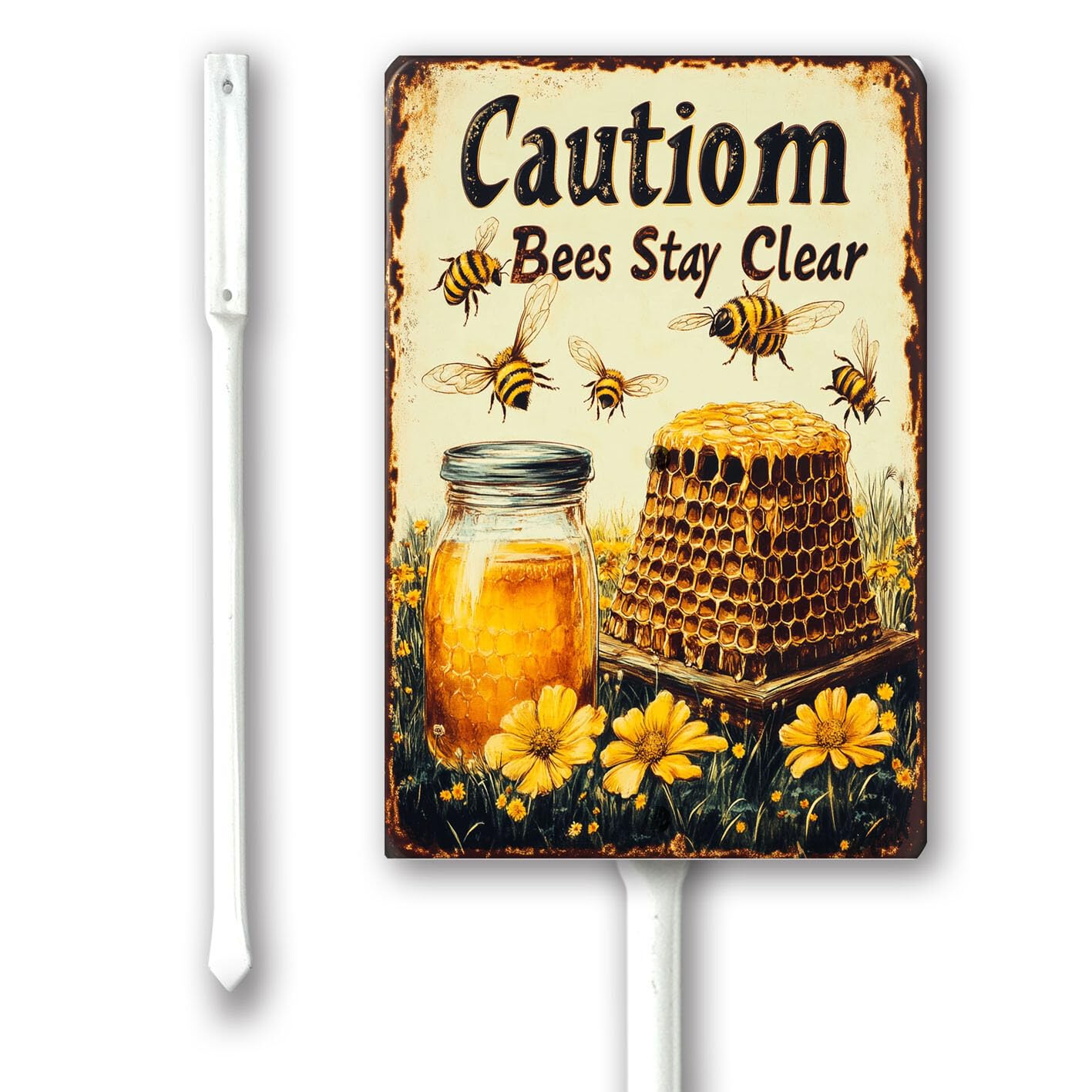 Geroclonup Caution Bees Stay Clear Yard Sign With Stakes 17.5x22cm,Aluminum Sign for Home Farm Decor Outdoor Street Warning Signs, Weatherproof Easy Install Set of 1