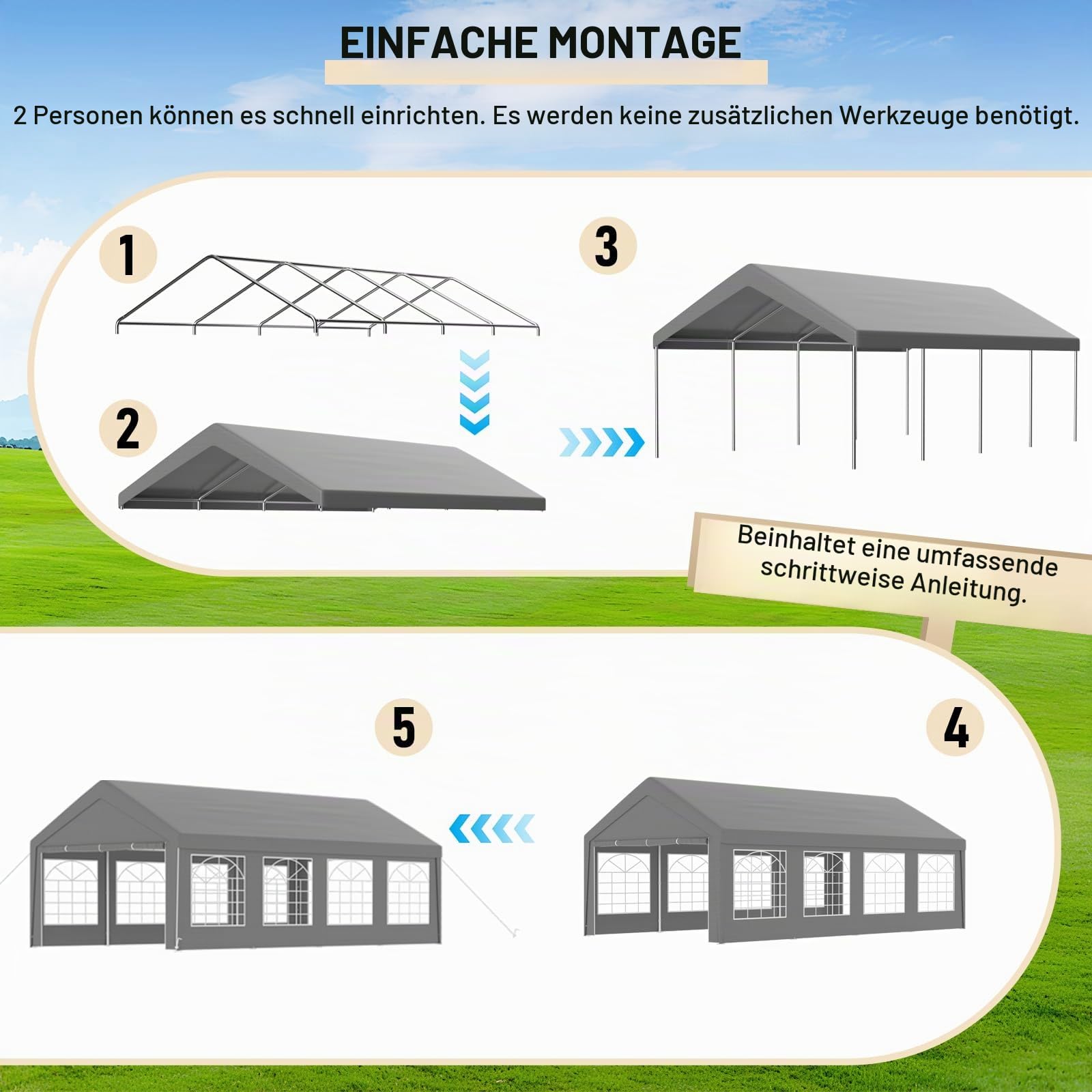 Pavillon 4x8, Partyzelt mit Seitenwänden & Giebelteilen, UV-Schutz & Wasserdicht, Gartenzelt Festzelt aus Verzinkte Stahlgestänge & PE-Plane, Abnehmbare Seitenwänd, Garten Partyzone, Grau