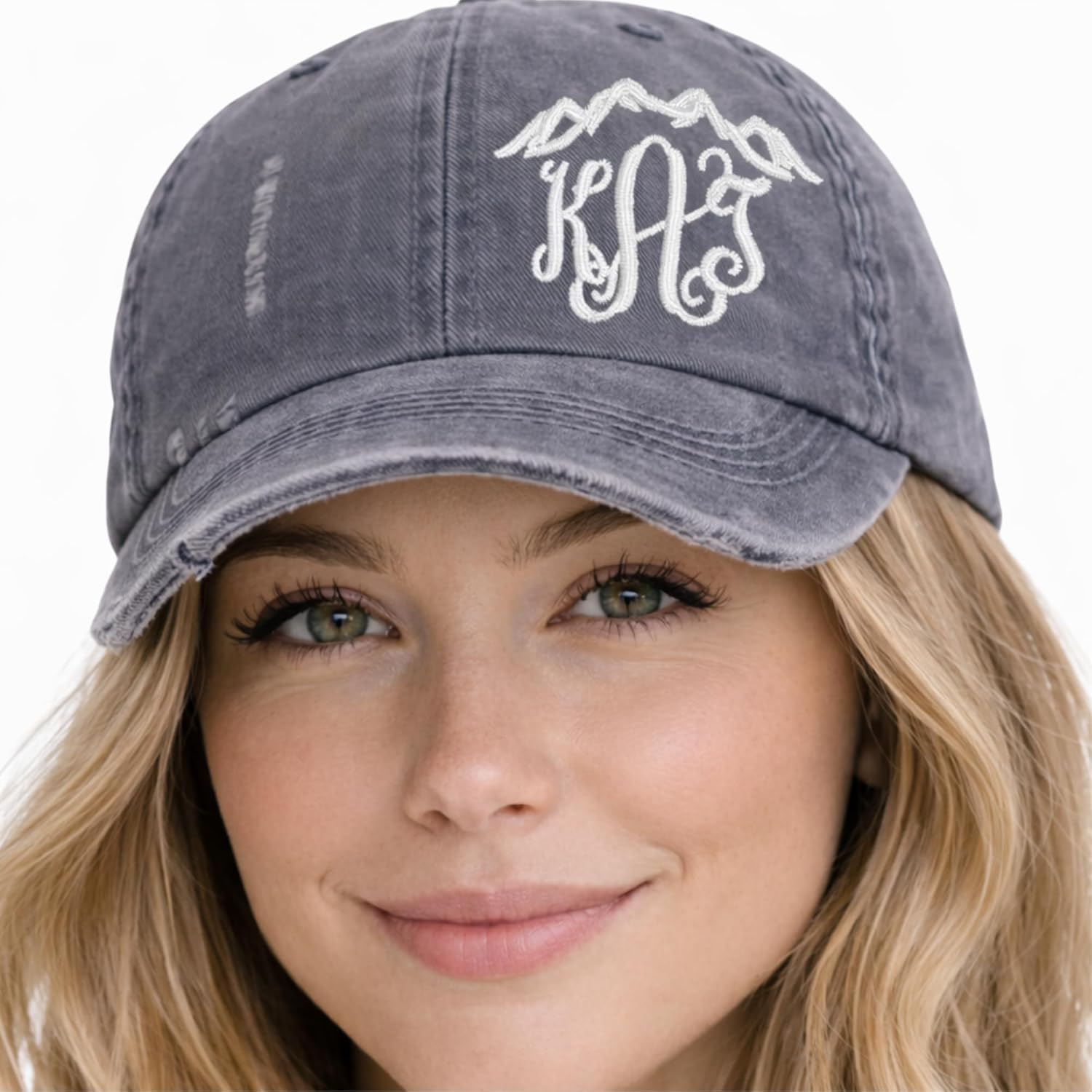 Women's Custom Monogrammed Mountain Hat, Embroidered Baseball or High Ponytail Cap, Handmade Initials, Camping Hiking Hiker Outdoors Girl's Trip, Outdoorsy Gift for Her Wife Mom Friend Grey