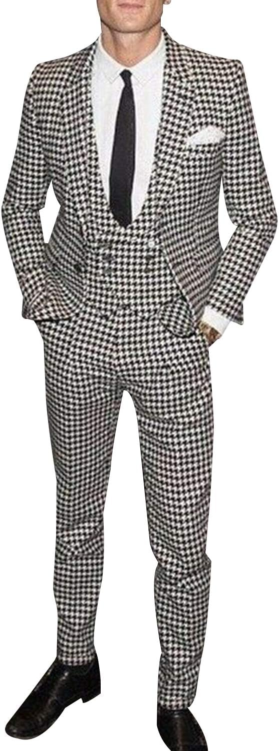 Men's Houndstooth Suit Notch Lapel Three Pieces Set