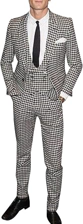 Mens Houndstooth 3-Piece Suit Formal Wedding Prom Tuxedos Jacket Vest and Trousers