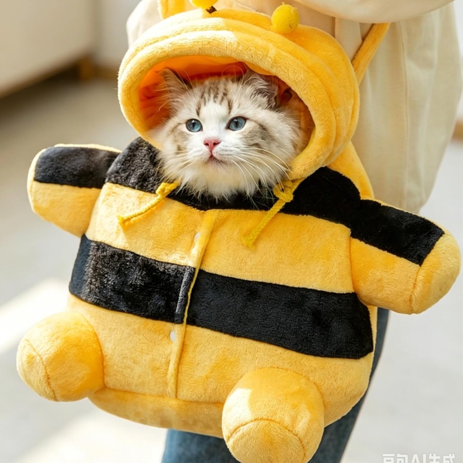 Cat Puppy Warm Carrier Backpack Cute Bear Bee Design Head Out Adjustable Hood Safety Clip for Cat Small Dog (bee,Small)