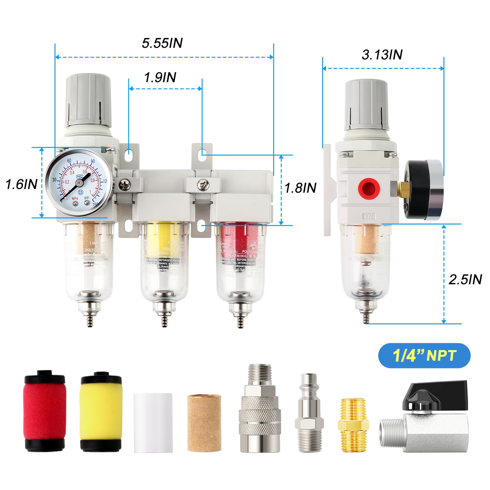 MEANLIN Industrielles NPT Lufttrocknungssystem, 3-stufig, 1/4 Zoll, Koaleszenzfilter, Partikelfilter und Luftregler, manueller Ablauf für Luftwerkzeuge und Pistole