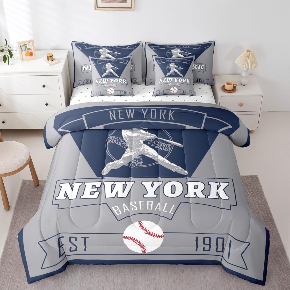 Feelyou Baseball Comforter Set Full Size 7 Pieces New York Bedding Set for Kids Boys Girls Baseball City Bed in a Bag with Comforter, Sheets, Pillowcases, Cushion Covers Sports Game Bedroom Decor